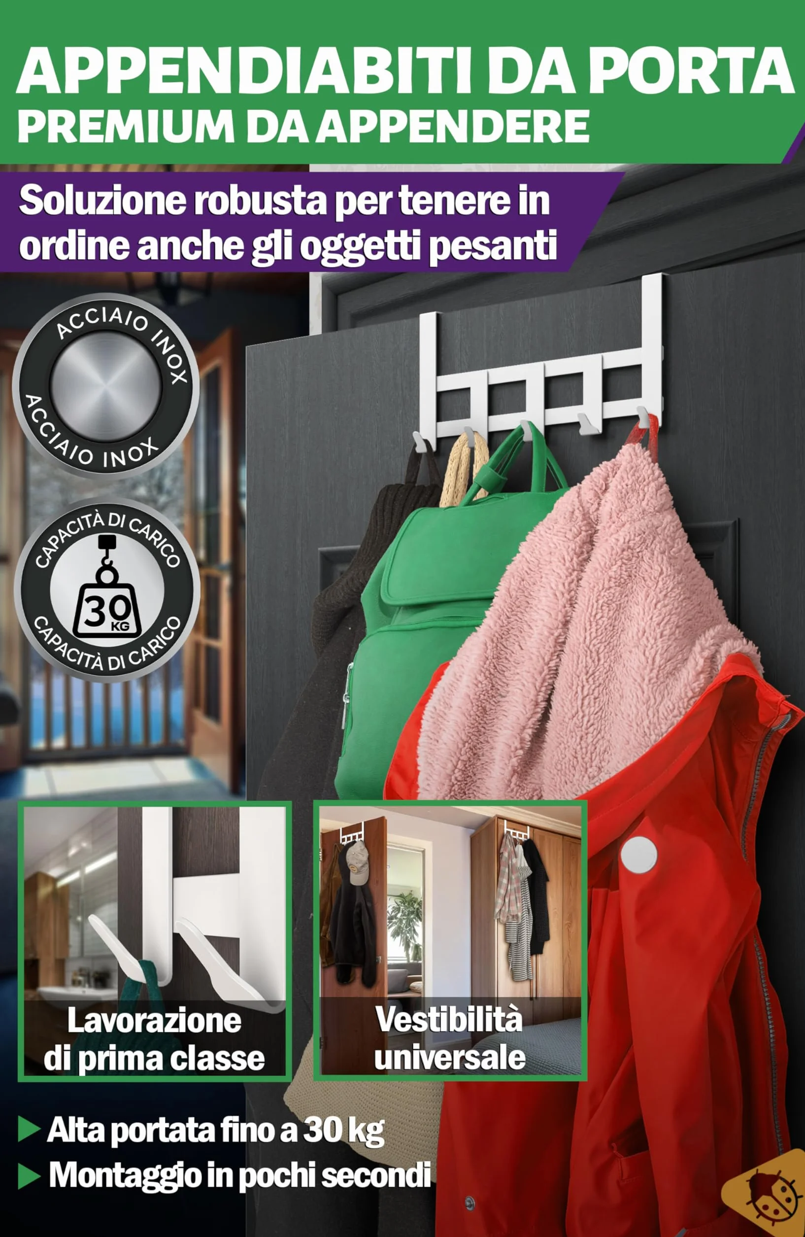 Menz Appendiabiti da porta 5 ganci bianco