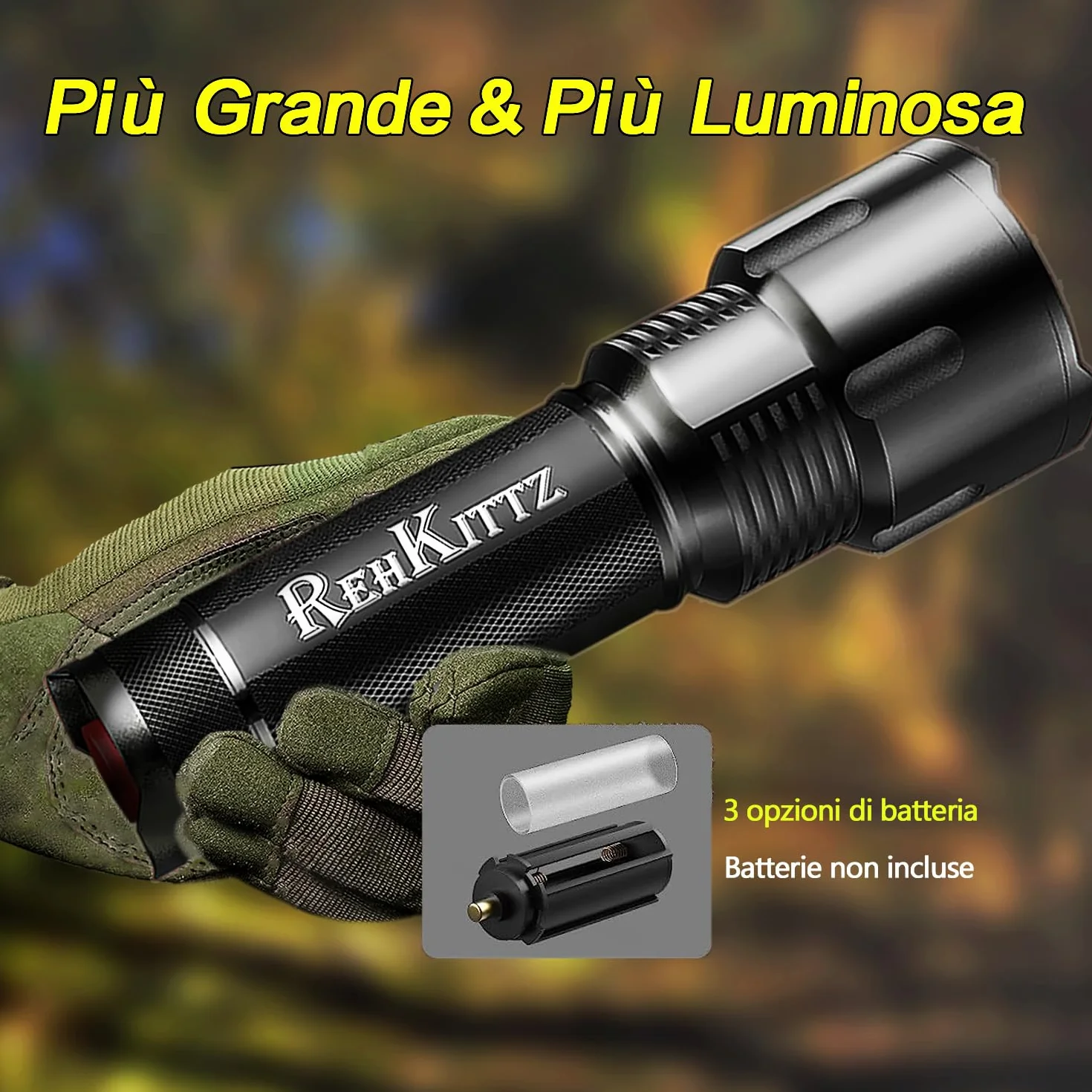 REHKITTZ Torcia LED 3300 Lumen Ultra Potente Regolabile Zoomable Torcia, per Attività Esterne o Fai Da Te.