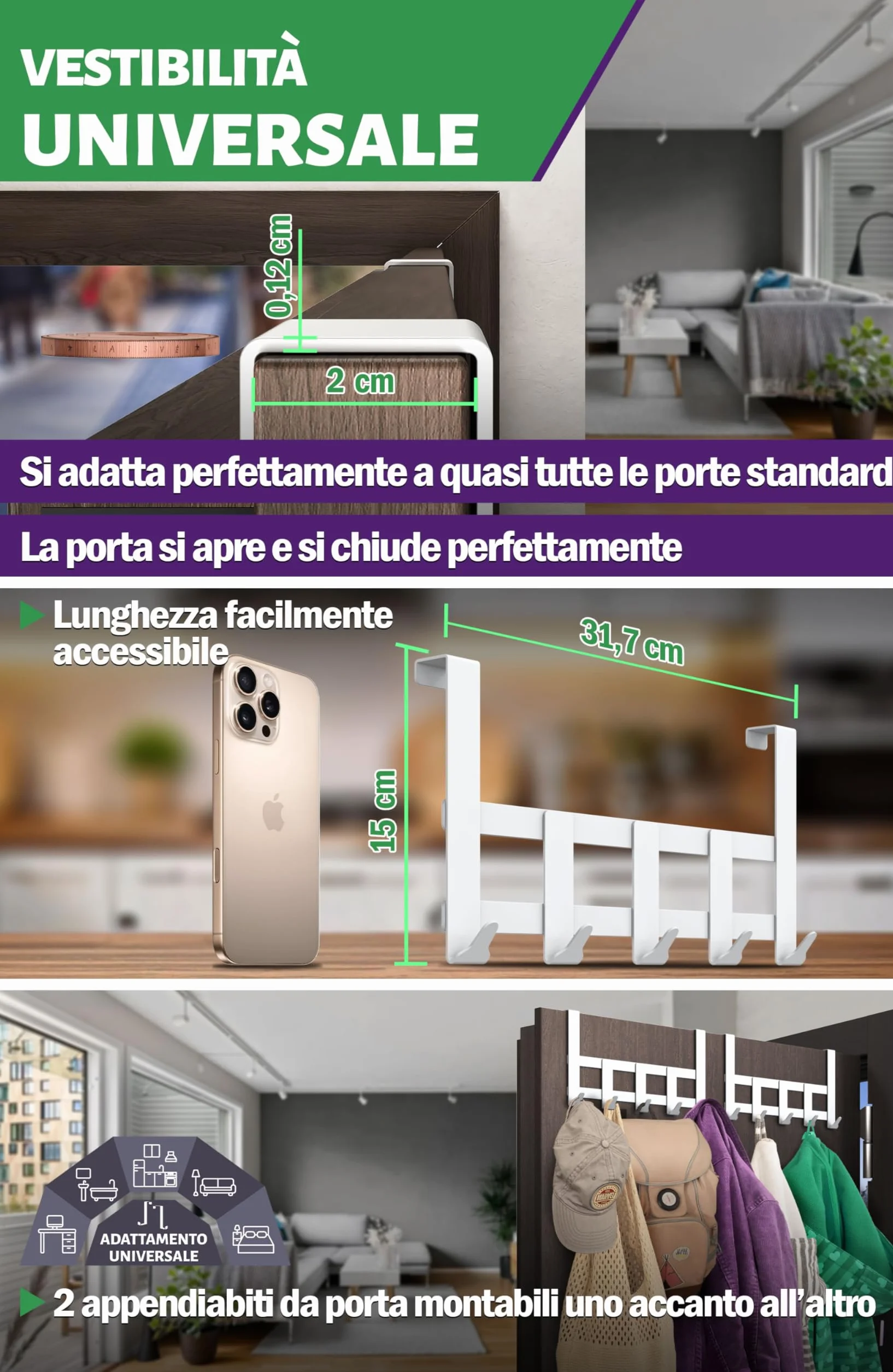 Menz Appendiabiti da porta 5 ganci bianco