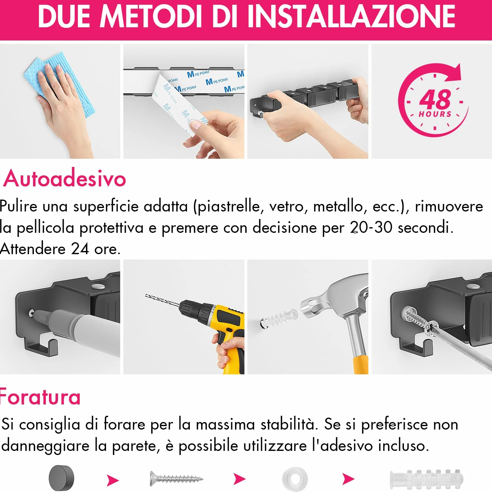 Portascope da Muro con 3 Supporti e 2 Ganci Autoadesivo Nero
