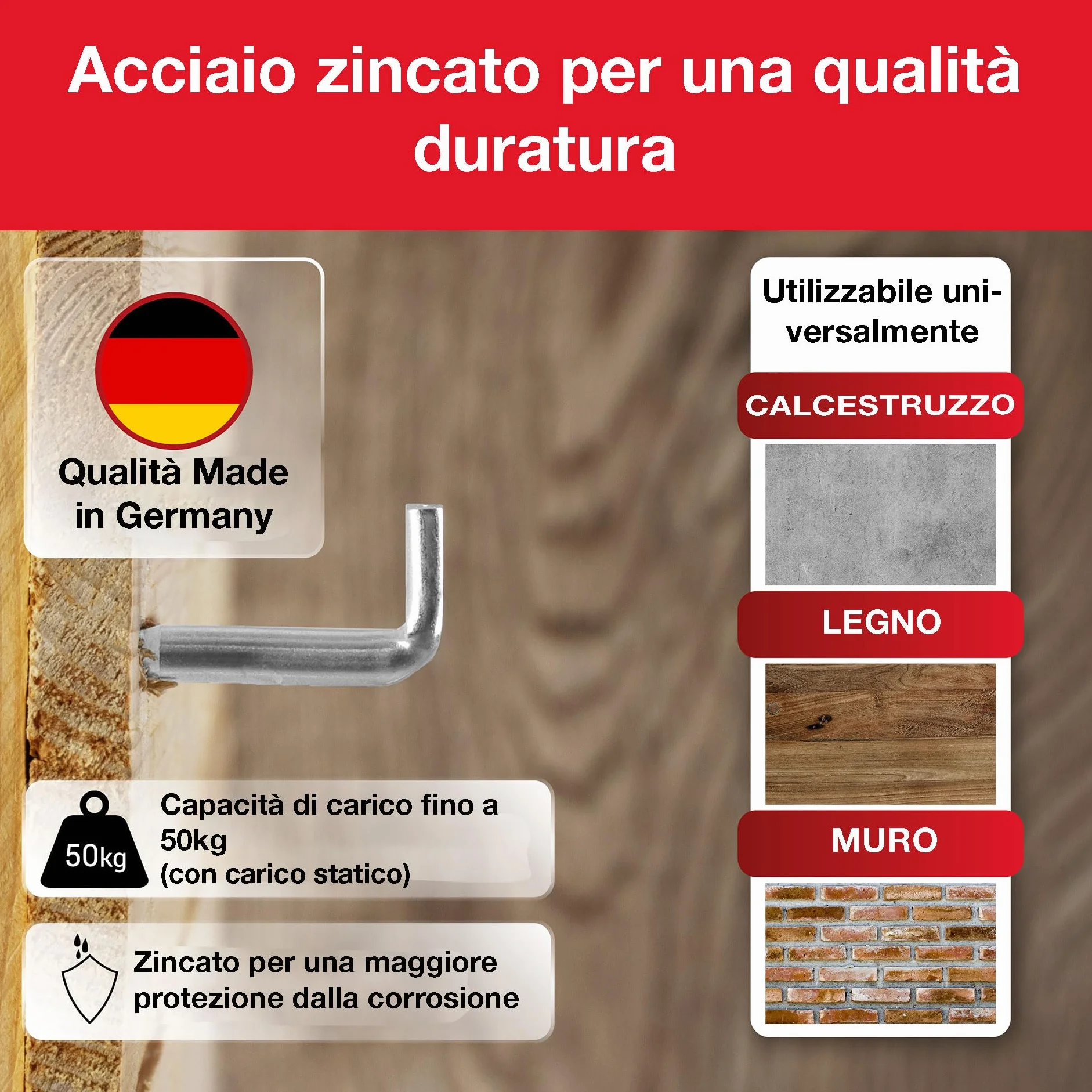 LouMaxx Gancio a vite dritto con fessura 5,8 x 60 mm – 25 pezzi viti a gancio, gancio a vite in acciaio zincato, portata 50 kg, antiruggine per esterni, montaggio affidabile in legno, cemento