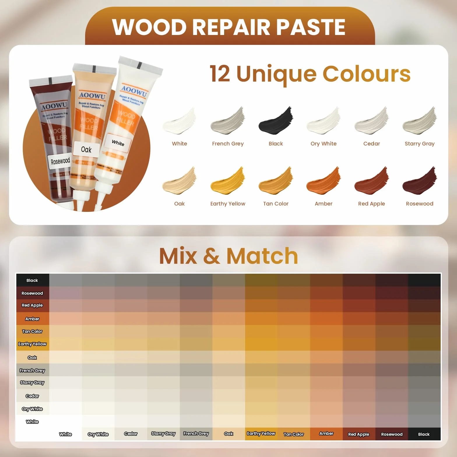 AOOWU Kit di Riparazione di Mobili, 12 Colori Set di Riparazione in Laminato, Kit di Riparazione per Legno, Stucco per Legno Riparare Eventuali Graffi, Crepe, Fori per Pavimenti, Tavoli, Porte