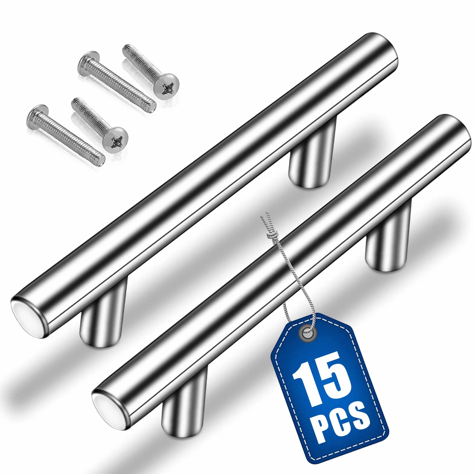 15 Pezzi Maniglie per Mobili da Cucina, per Armadietti Spazzolati Vuoti, in Acciaio Inox con Viti, Distanza Tra i Fori 128mm, per Cassetto Armadio Porta (198mm, Argento)