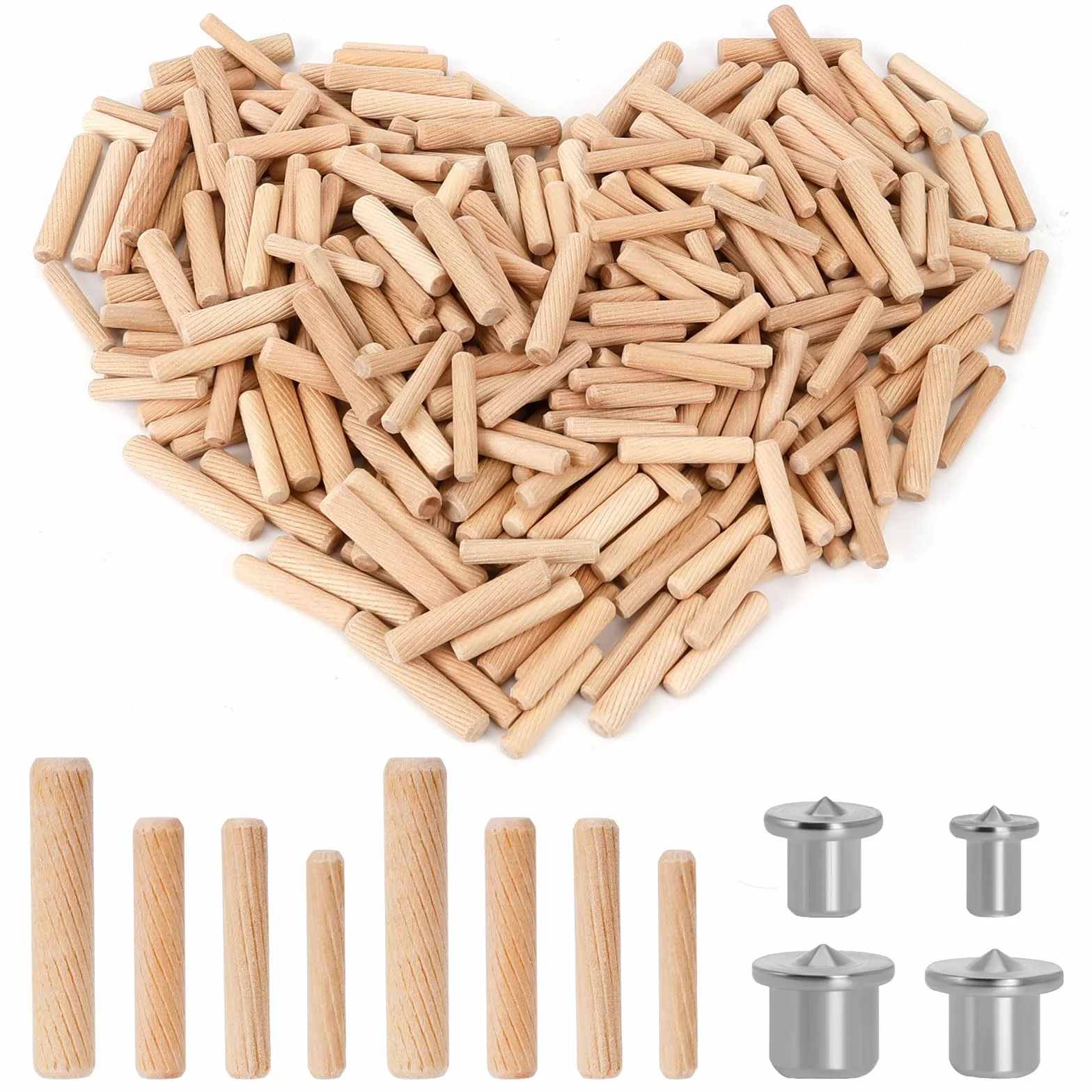 500 Pezzi Tasselli in Legno Scanalate Con 4 Pcs Perno di Centraggio, Spine per Mobili, Progetti di Artigianato, Fai da Te (30x5mm/40x6mm/40x8mm/50x10mm)