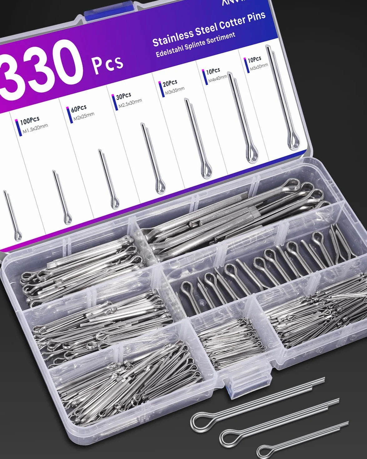 Set di 330 splinte in acciaio inox, 7 misure, M1/M1.5/M2/M2.5/M3/M4/M5, 304 in acciaio inox per auto, meccanica, riparazione navale