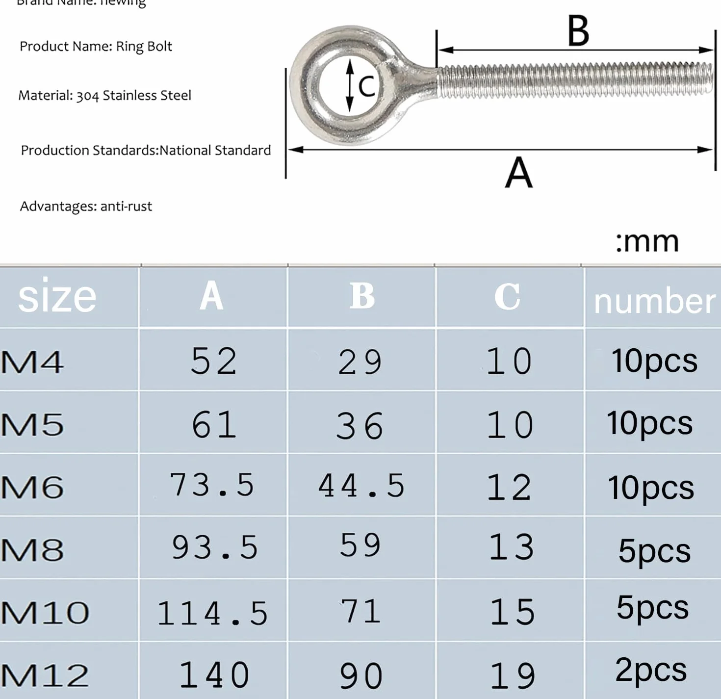 newlng M5 Bulloni Dell'anello 304 Acciaio Inox Bullone a Occhiello Hanno Saldato i Bulloni di Vite Dell'occhio Dell'asta di Vite Chiusi Resistenti Alla per Esterni Altalena Casa Ufficio 10PCS