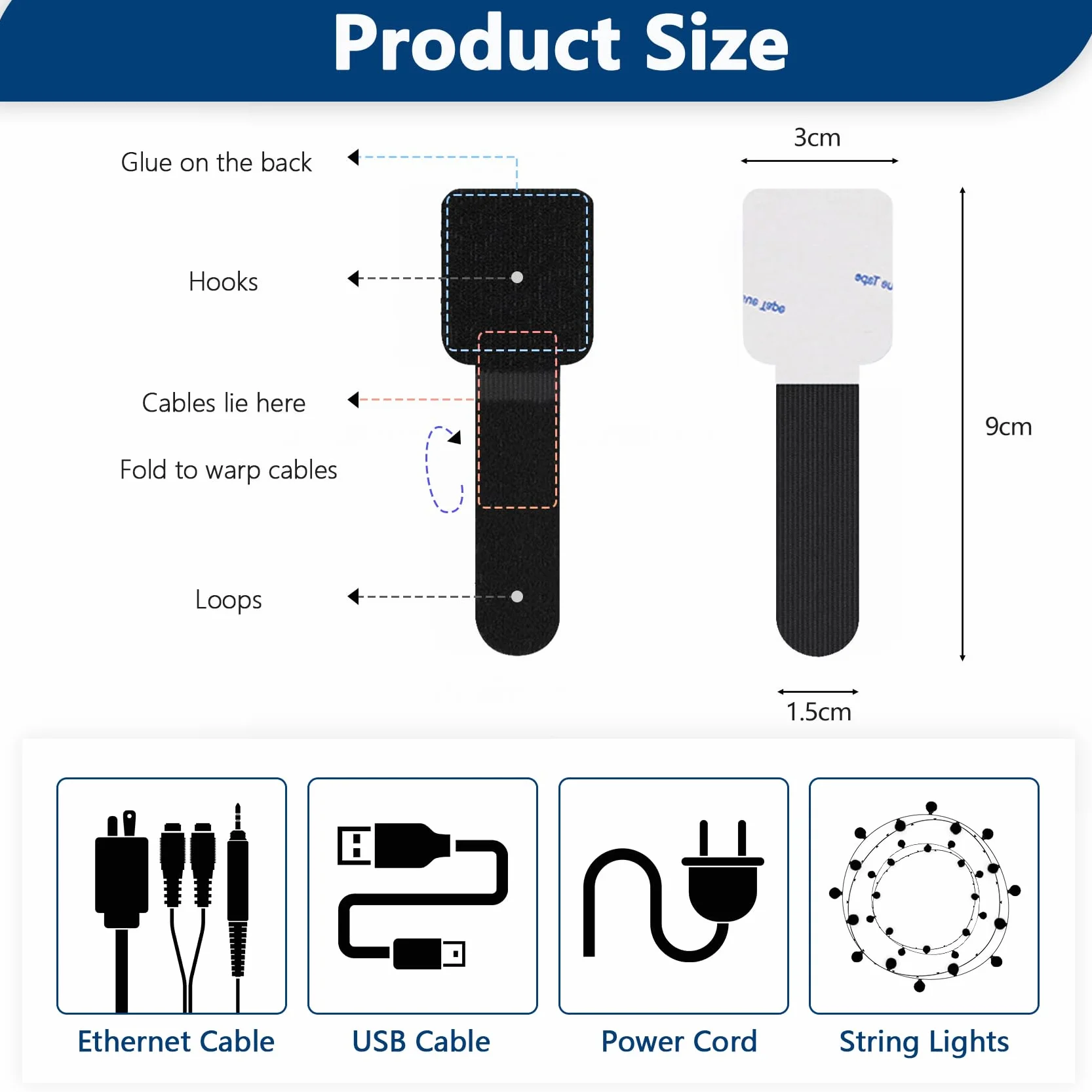 Abnii 50 pezzi per la gestione dei cavi da scrivania, fascette stringicavo autoadesive in velcro, organizer per cavi da scrivania, clip per cavi per TV, catena luminosa, nero, piccolo