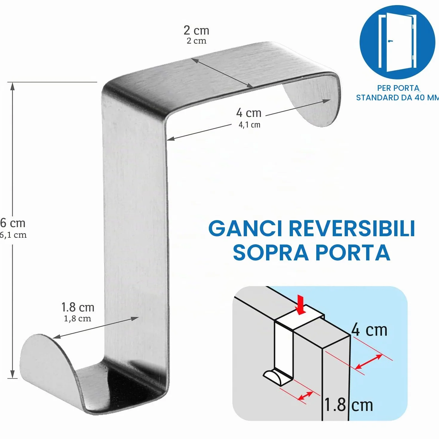 Tatkraft Seger - 6 Ganci per Porte in Acciaio Inossidabile - Reversibili per Ante Standard e Guardaroba e Armario - Fino a 5 kg