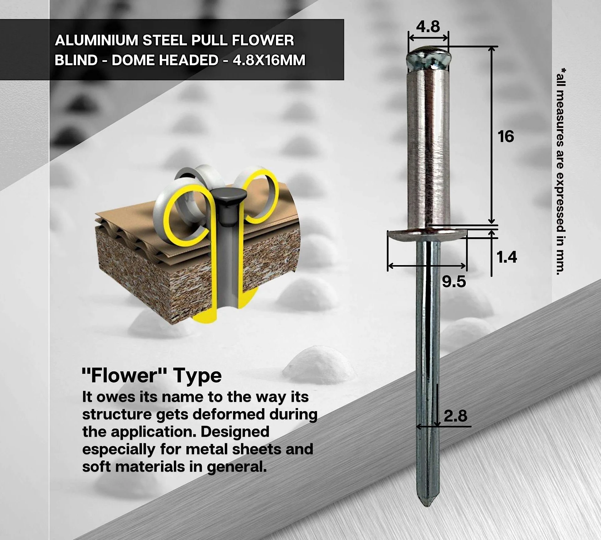 Rivetti Testa a Fiore 4,8 x 17 mm 100 Pezzi per Rivettatrice Pneumatica e Manuale Fissaggio Lamiera Alluminio