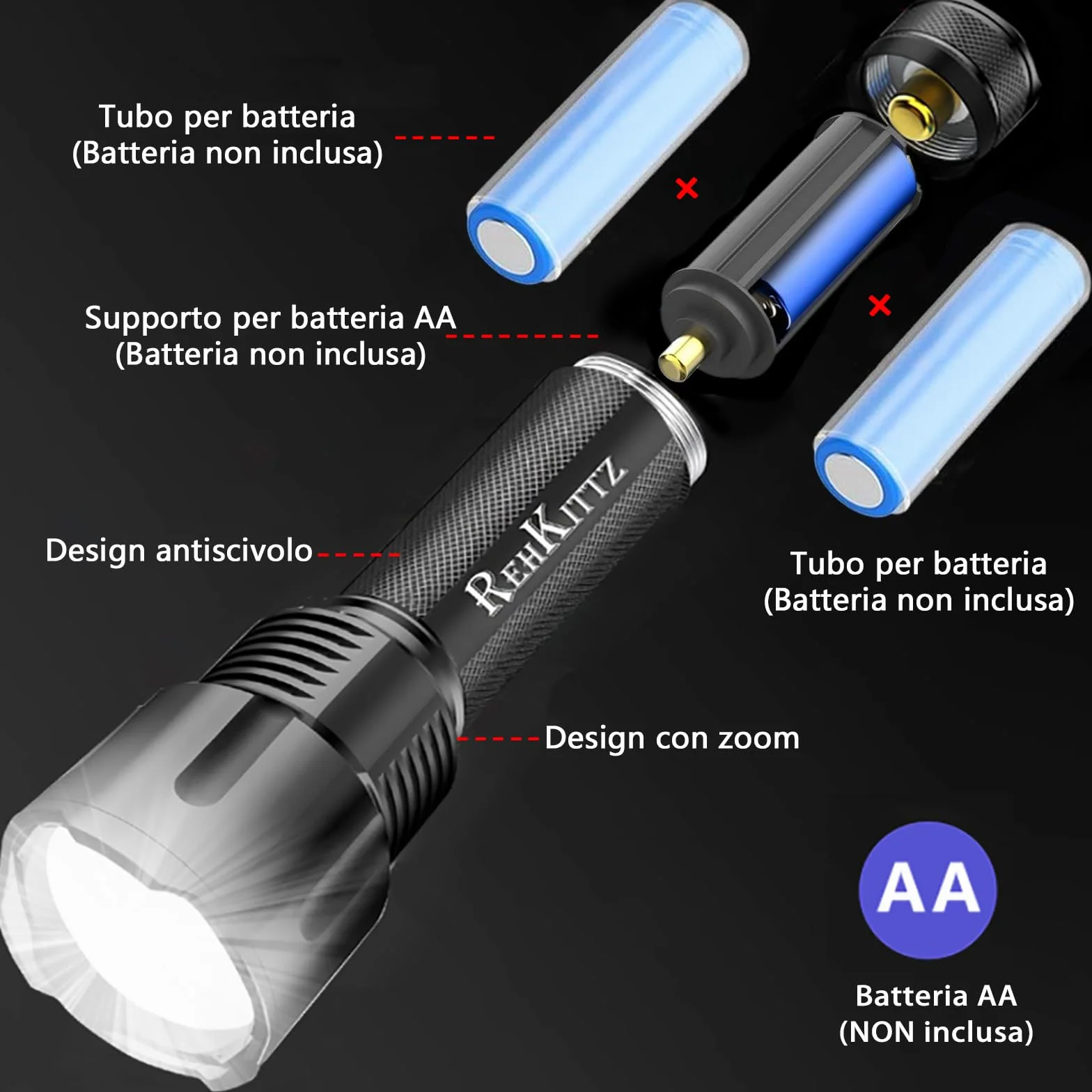 REHKITTZ Torcia LED 3300 Lumen Ultra Potente Regolabile Zoomable Torcia, per Attività Esterne o Fai Da Te.