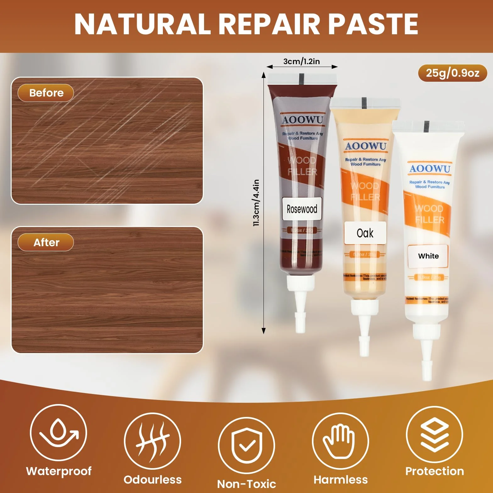 AOOWU Kit di Riparazione di Mobili, 12 Colori Set di Riparazione in Laminato, Kit di Riparazione per Legno, Stucco per Legno Riparare Eventuali Graffi, Crepe, Fori per Pavimenti, Tavoli, Porte
