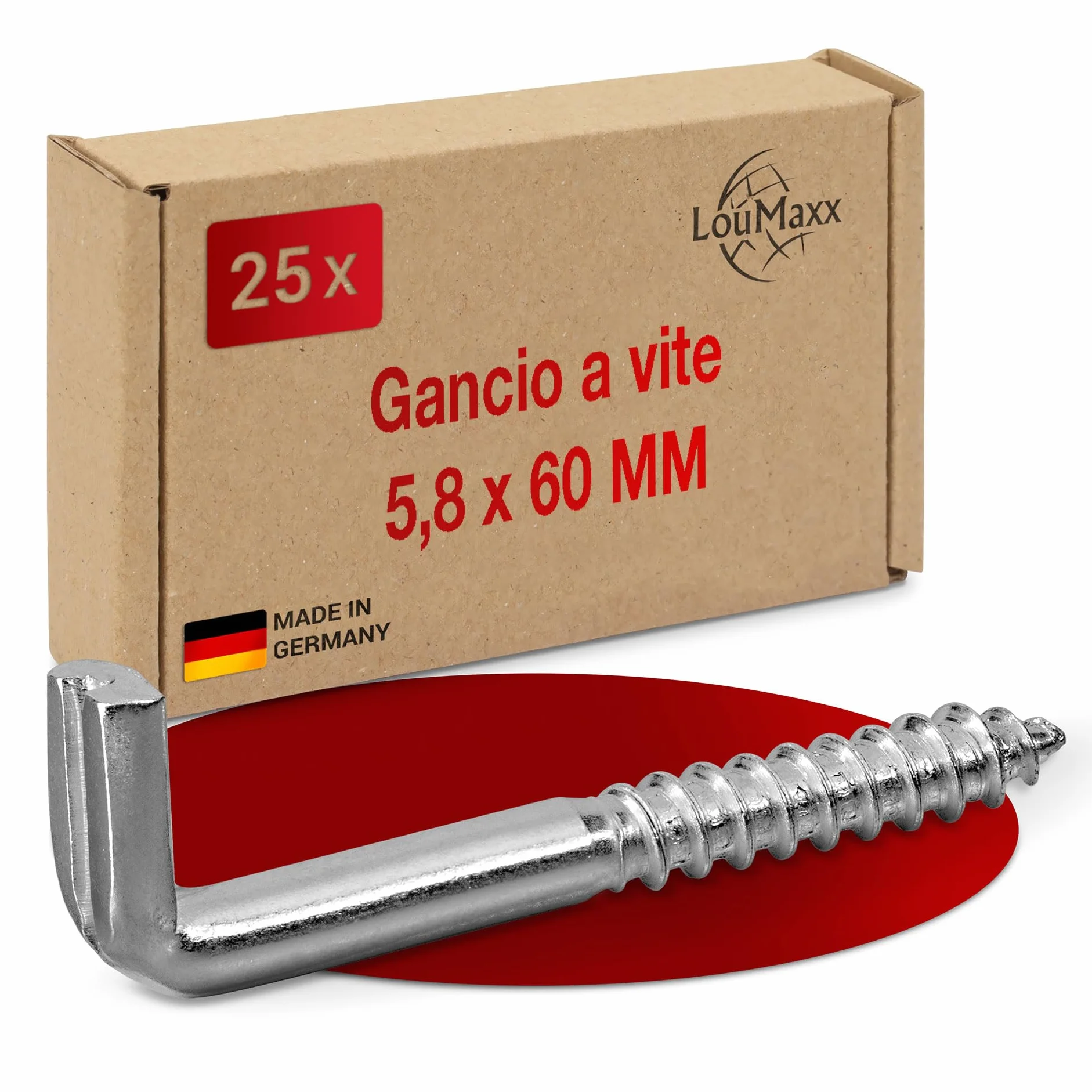 LouMaxx Gancio a vite dritto con fessura 5,8 x 60 mm – 25 pezzi viti a gancio, gancio a vite in acciaio zincato, portata 50 kg, antiruggine per esterni, montaggio affidabile in legno, cemento