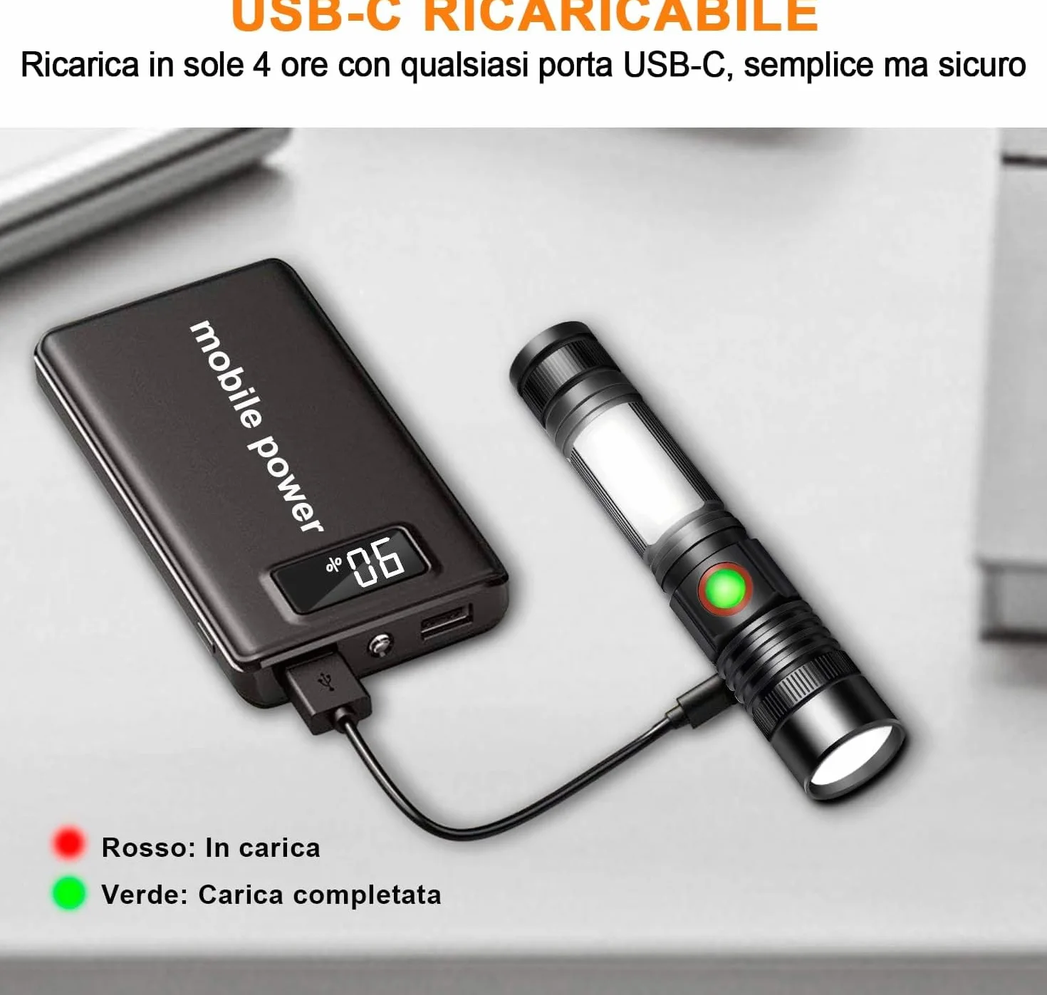 REHKITTZ Torcia LED 2000 Lumen Super Luminosa, 2500 mAh USB Ricaricabile ad Alta Capacità Portatile e Regolabile Torcia Potente, con Base Magnetica e Luce di Lavoro COB(Confezione da 1)