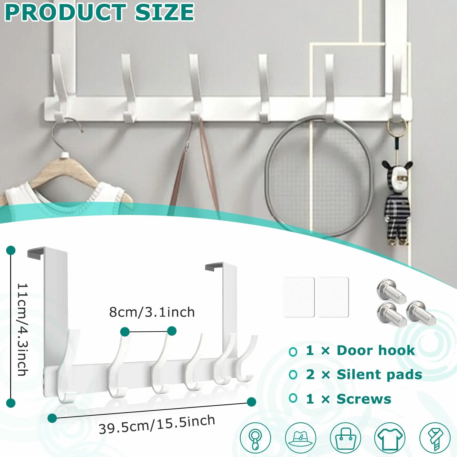 Appendiabiti da Porta con 6 Ganci, Salvaspazio Appendino da Porta, Ganci Porta Senza Forare, Metallo Attaccapanni per Cucina Ufficio Bagno (6 Ganci) (Bianco)
