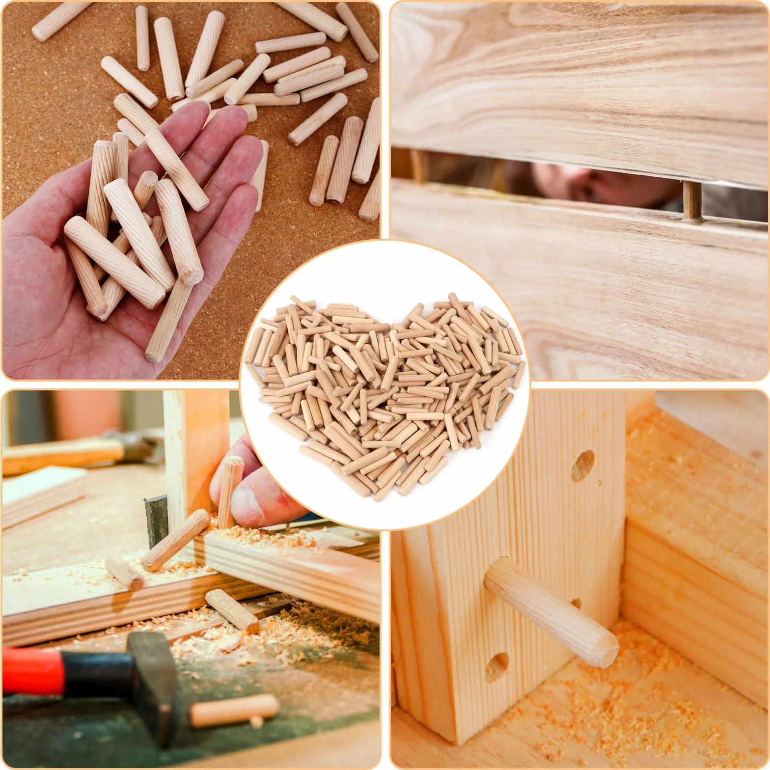 500 Pezzi Tasselli in Legno Scanalate Con 4 Pcs Perno di Centraggio, Spine per Mobili, Progetti di Artigianato, Fai da Te (30x5mm/40x6mm/40x8mm/50x10mm)