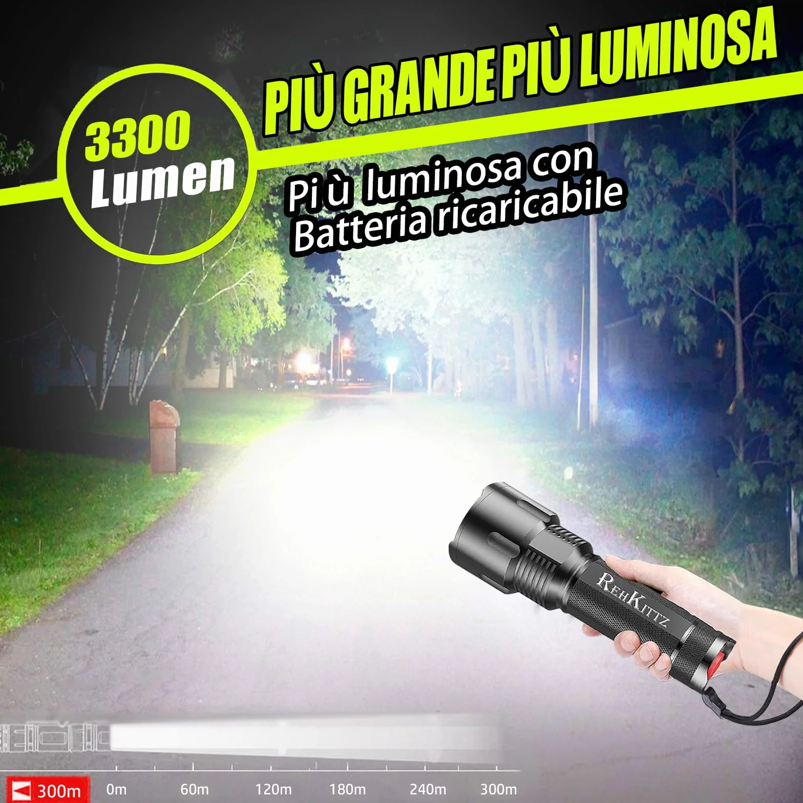 REHKITTZ Torcia LED 3300 Lumen Ultra Potente Regolabile Zoomable Torcia, per Attività Esterne o Fai Da Te.