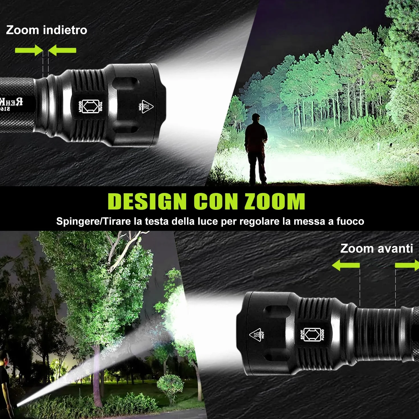 REHKITTZ Torcia LED 3300 Lumen Ultra Potente Regolabile Zoomable Torcia, per Attività Esterne o Fai Da Te.