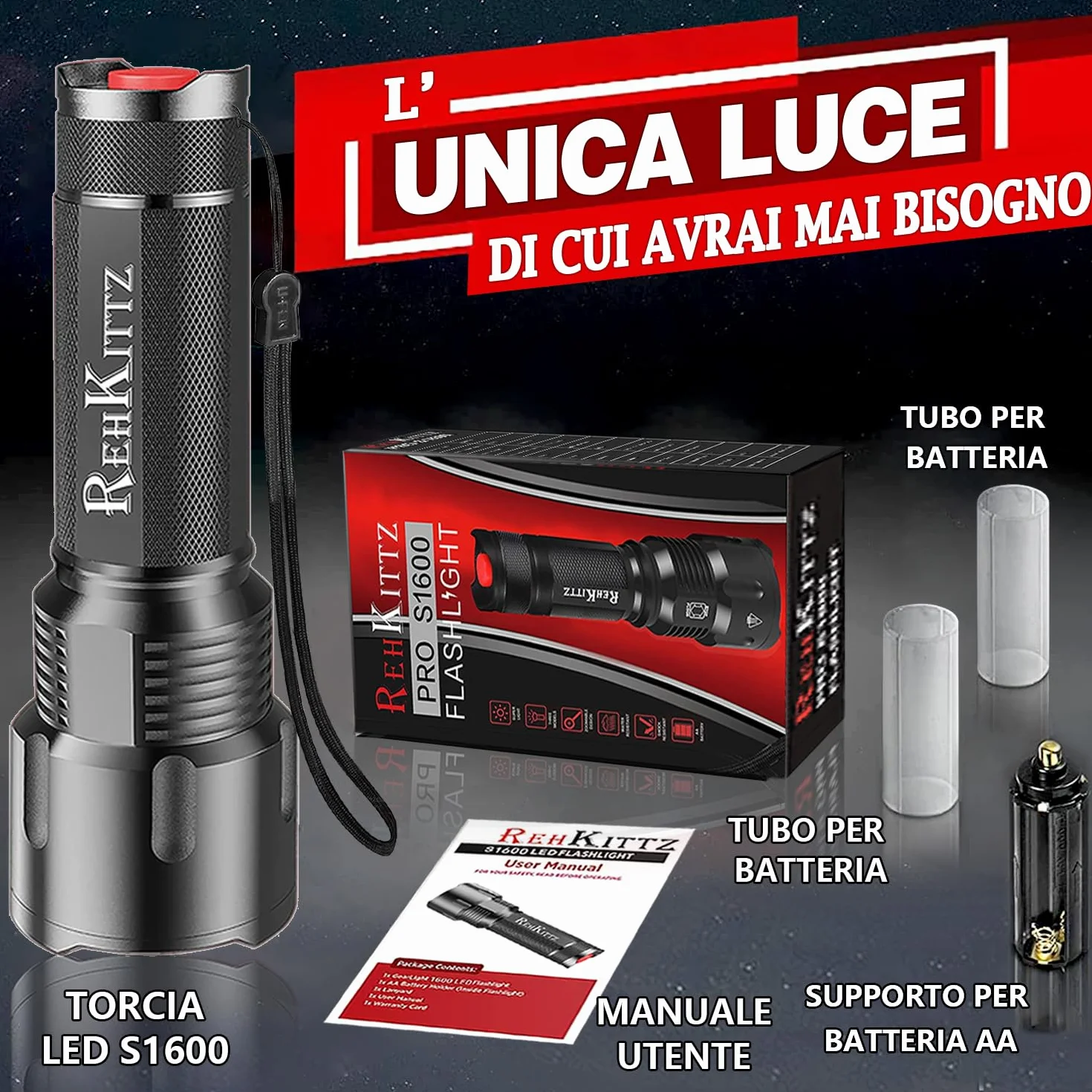REHKITTZ Torcia LED 3300 Lumen Ultra Potente Regolabile Zoomable Torcia, per Attività Esterne o Fai Da Te.