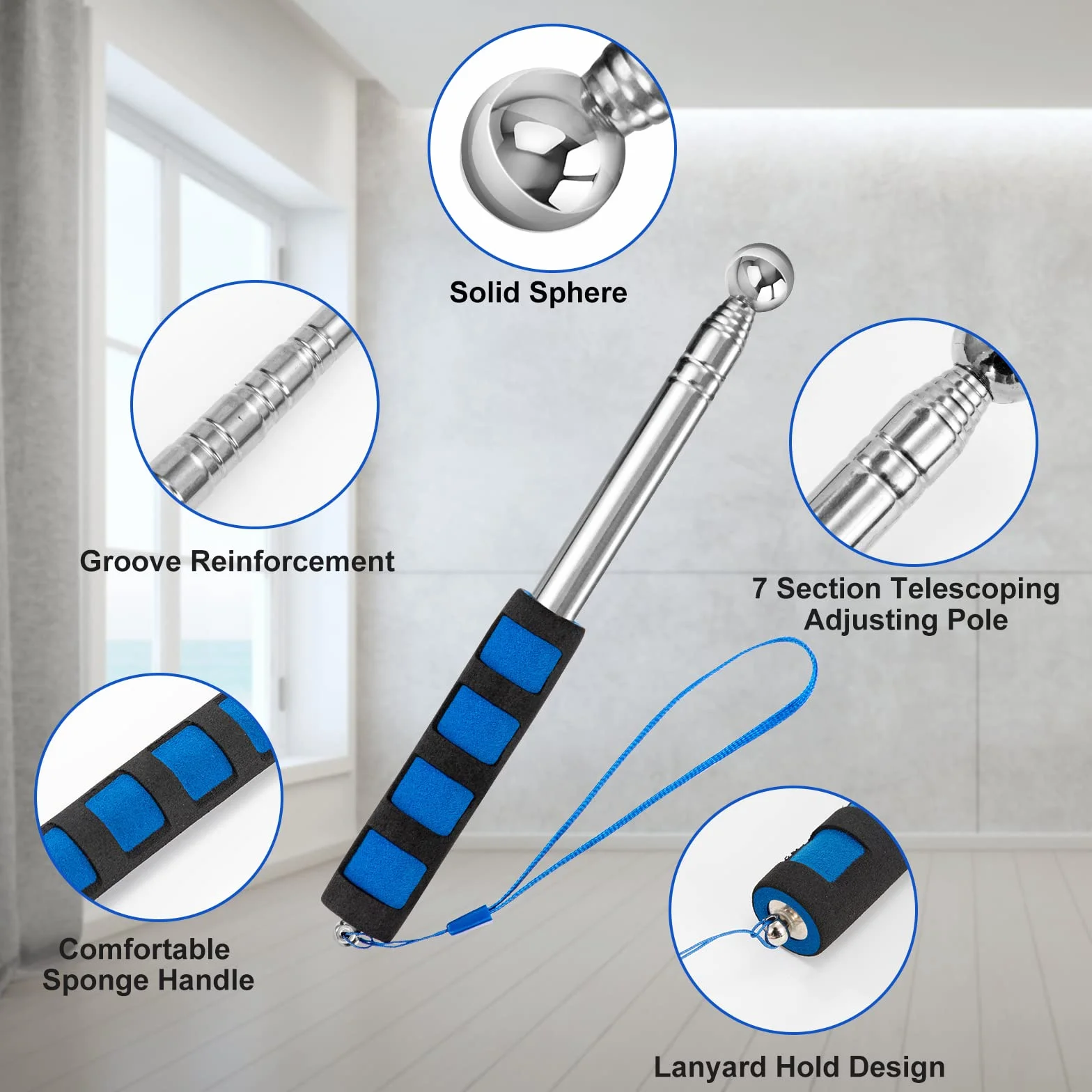Martello a Tamburo Cavo Martello di Rilevamento Telescopica Regolabile Strumento di Ispezione della Casa per Piastrelle Pavimenti Soffitti Pareti Controllo 115 cm 2 Pezzi (Blu)