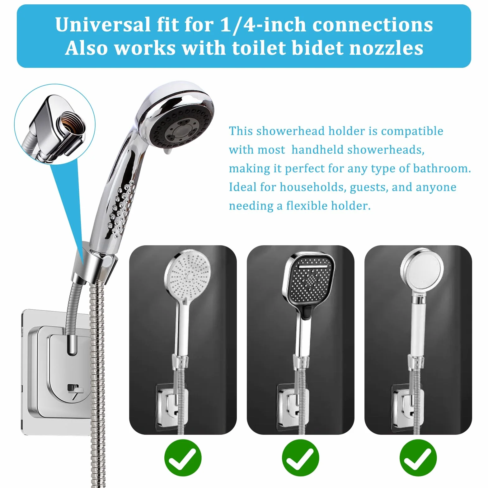 2 Pezzi Supporto per Soffione Doccia Senza Foratura con adattatore in silicone Supporto Doccia Adesivo per Bagno Supporto Universali Soffione Doccia Regolabil