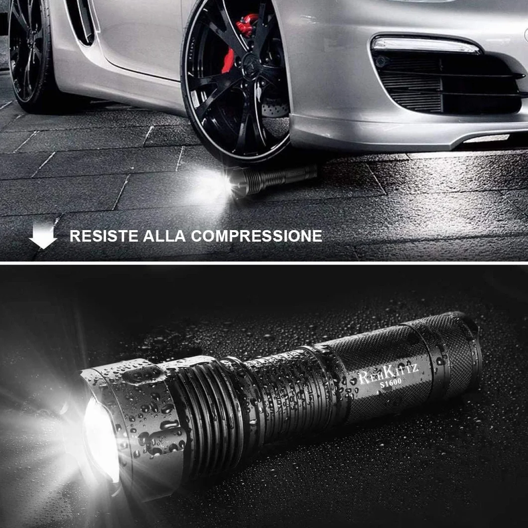 REHKITTZ Torcia LED 3300 Lumen Ultra Potente Regolabile Zoomable Torcia, per Attività Esterne o Fai Da Te.