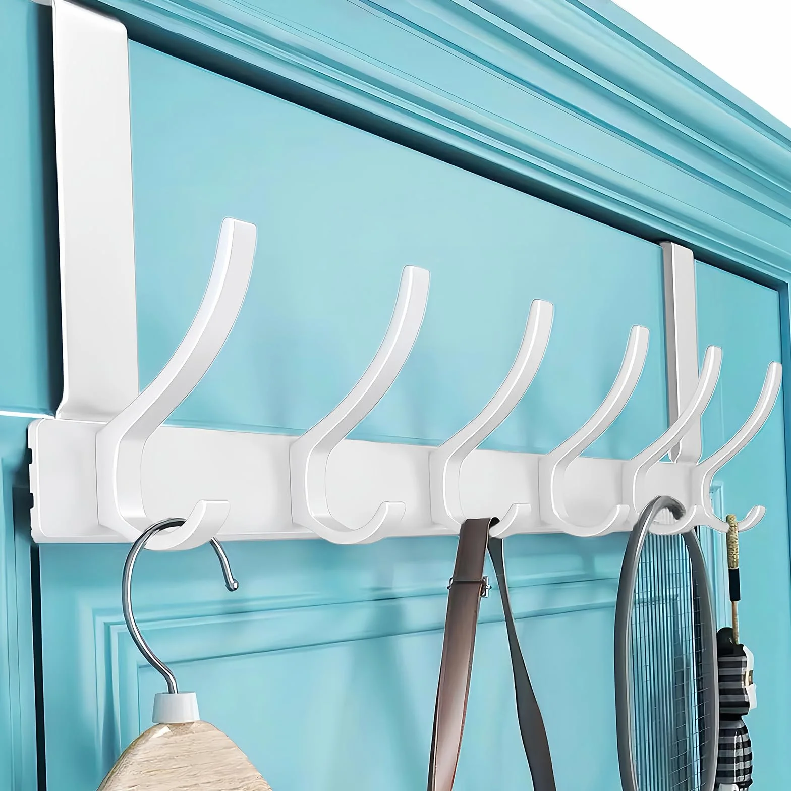 Appendiabiti da Porta con 6 Ganci, Salvaspazio Appendino da Porta, Ganci Porta Senza Forare, Metallo Attaccapanni per Cucina Ufficio Bagno (6 Ganci) (Bianco)