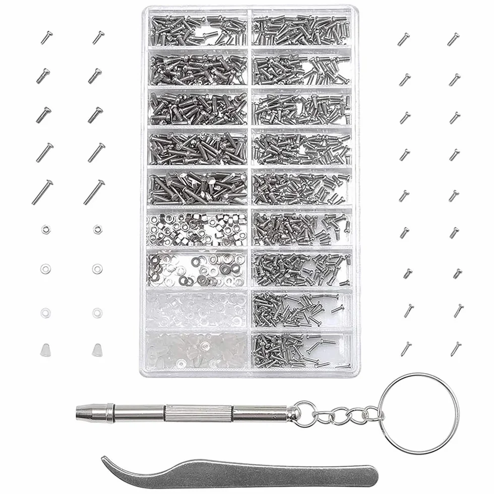 MMOBIEL 1000 pezzi in acciaio inox, micro viti, dadi, rondelle, occhiali da sole, set di riparazione con cacciavite e pinzette in metallo