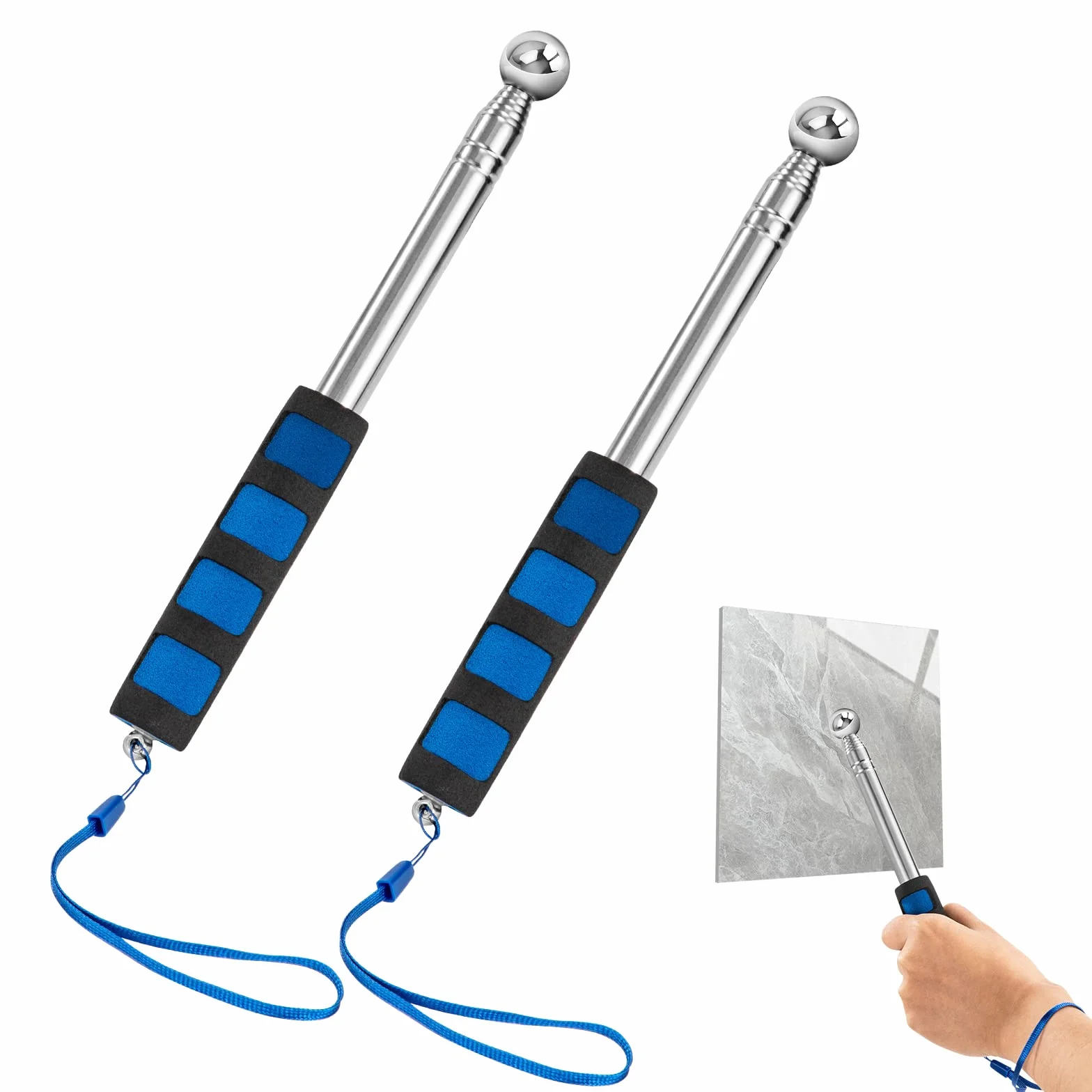 Martello a Tamburo Cavo Martello di Rilevamento Telescopica Regolabile Strumento di Ispezione della Casa per Piastrelle Pavimenti Soffitti Pareti Controllo 115 cm 2 Pezzi (Blu)