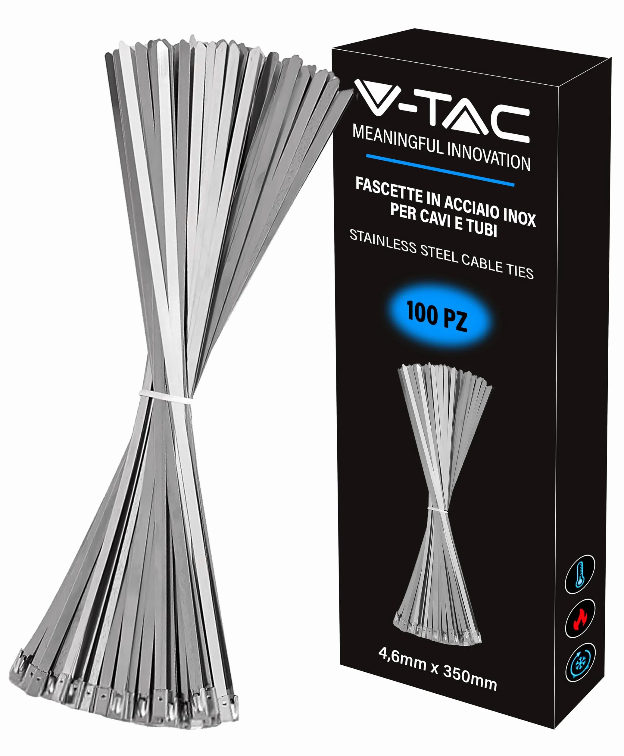 V-TAC Fascette in Acciao Inox per Cavi misura 4.6 mm x 350 mm - Confezione 100 Pezzi - Fascette per Cablaggio Multiuso - Stringicavo Portacavi Fermacavi per Elettricista, Meccanico, Tubi in Ferro