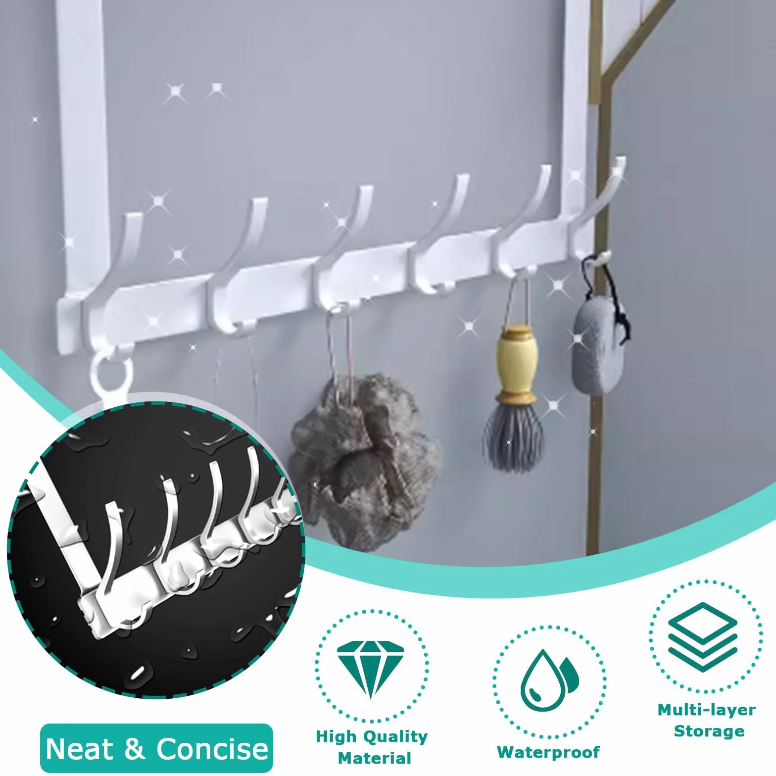 Appendiabiti da Porta con 6 Ganci, Salvaspazio Appendino da Porta, Ganci Porta Senza Forare, Metallo Attaccapanni per Cucina Ufficio Bagno (6 Ganci) (Bianco)