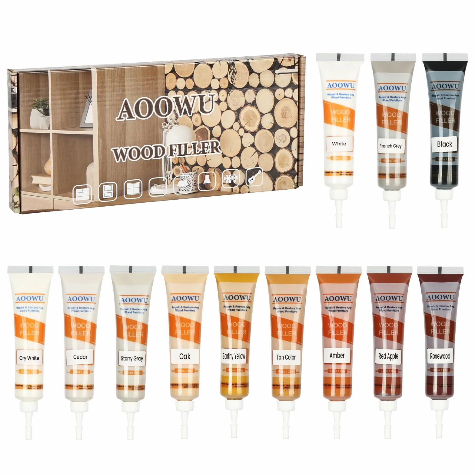 AOOWU Kit di Riparazione di Mobili, 12 Colori Set di Riparazione in Laminato, Kit di Riparazione per Legno, Stucco per Legno Riparare Eventuali Graffi, Crepe, Fori per Pavimenti, Tavoli, Porte