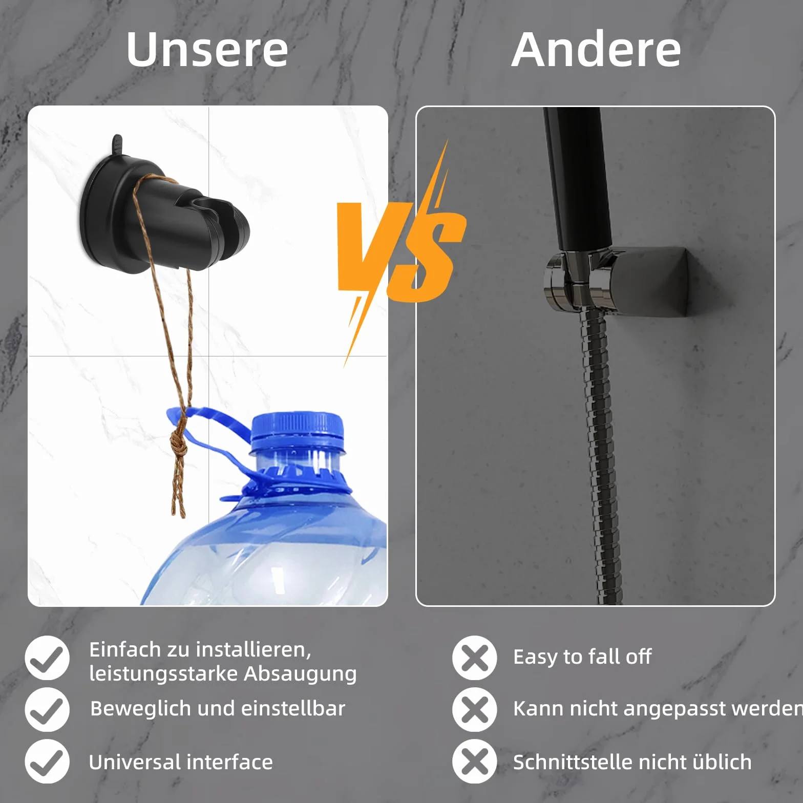 Supporto per soffione doccia con ventosa, supporto per doccetta rimovibile,Supporto per soffione doccia senza foratura,Supporto universale regolabile per soffione doccia in plastica ABS (nero)