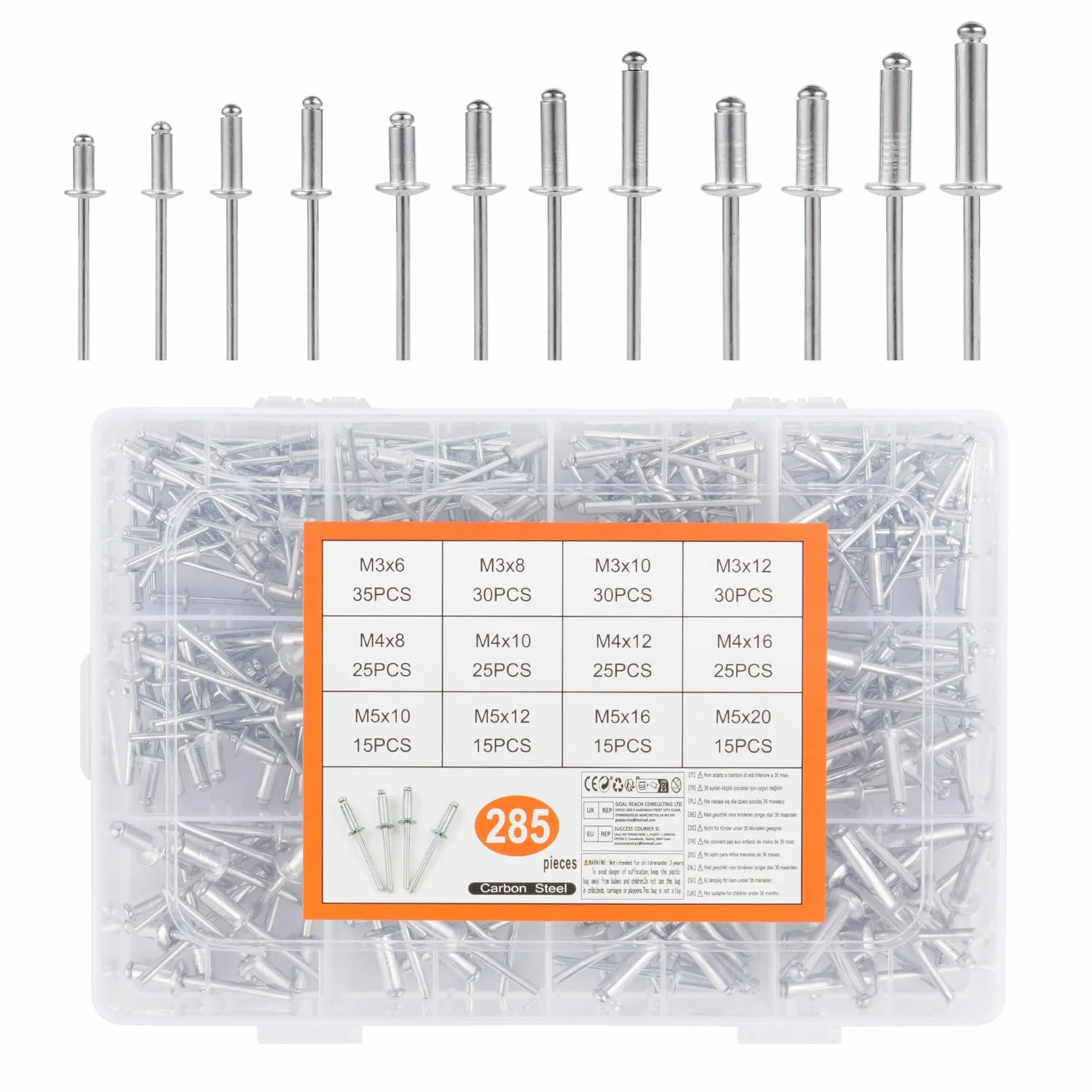 Rivetti Alluminio Ciechi a Strappo M3 M4 M5 285 Pezzi per Metallo Legno Plastica Argento
