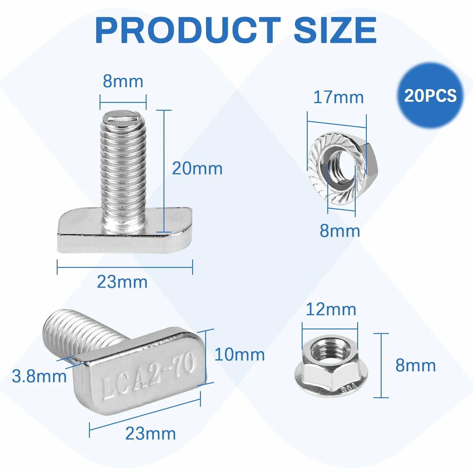 EXLECO Viti di Fissaggio a Testa a Martello M8x20 T Bolt Bullone Acciaio Inox per Moduli PV