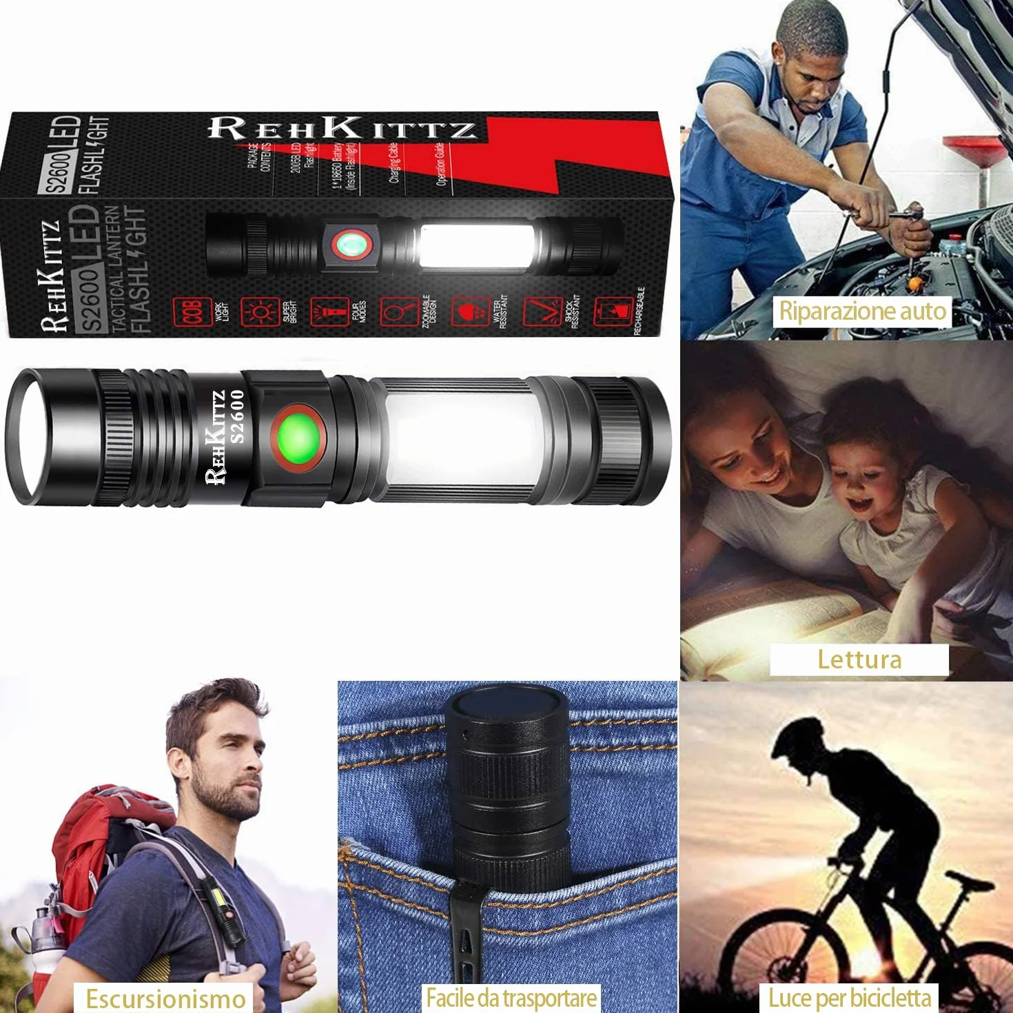 REHKITTZ Torcia LED 2000 Lumen Super Luminosa, 2500 mAh USB Ricaricabile ad Alta Capacità Portatile e Regolabile Torcia Potente, con Base Magnetica e Luce di Lavoro COB(Confezione da 1)