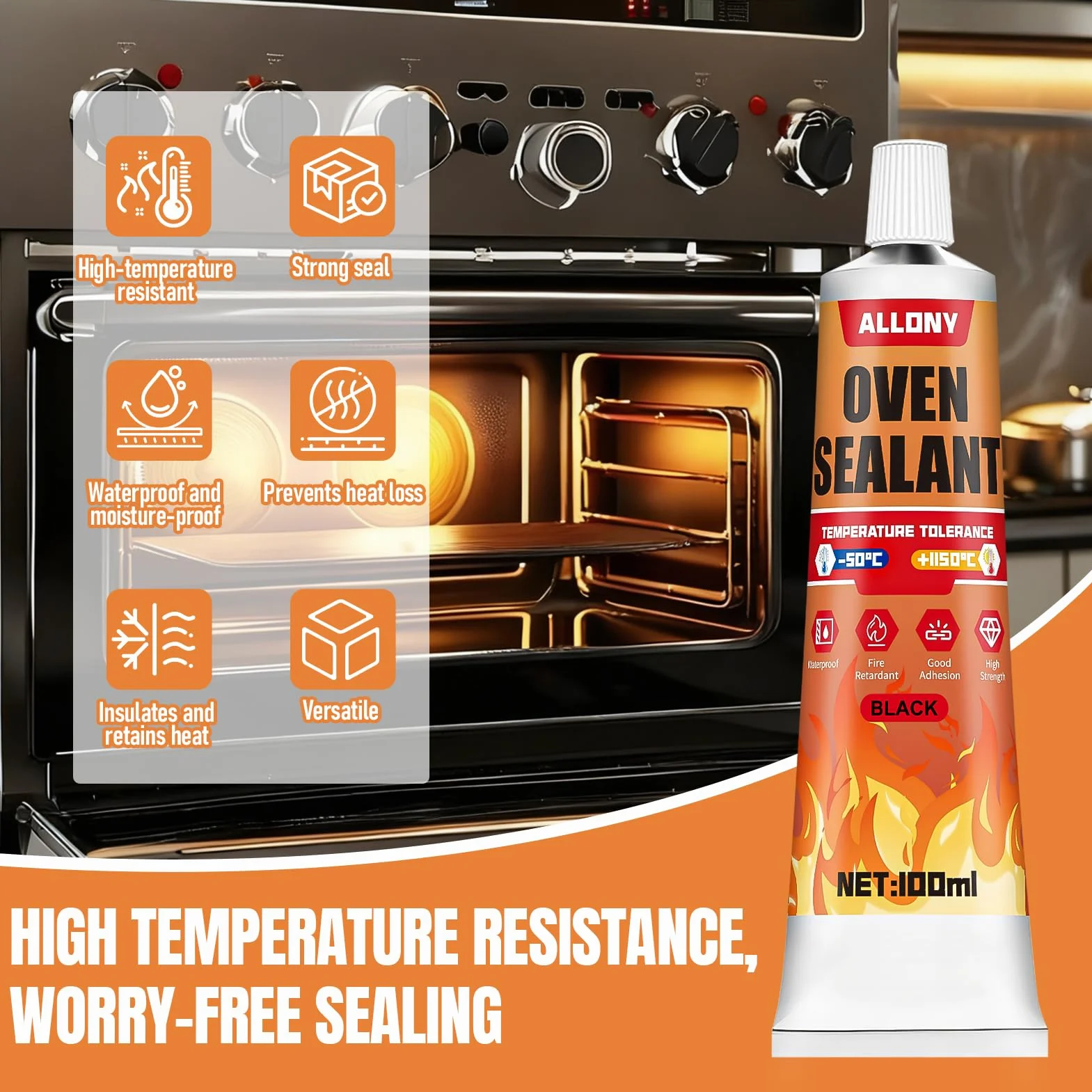 ALLONY Adesivo in silicone nero resistente al calore 1000°C 100 ml