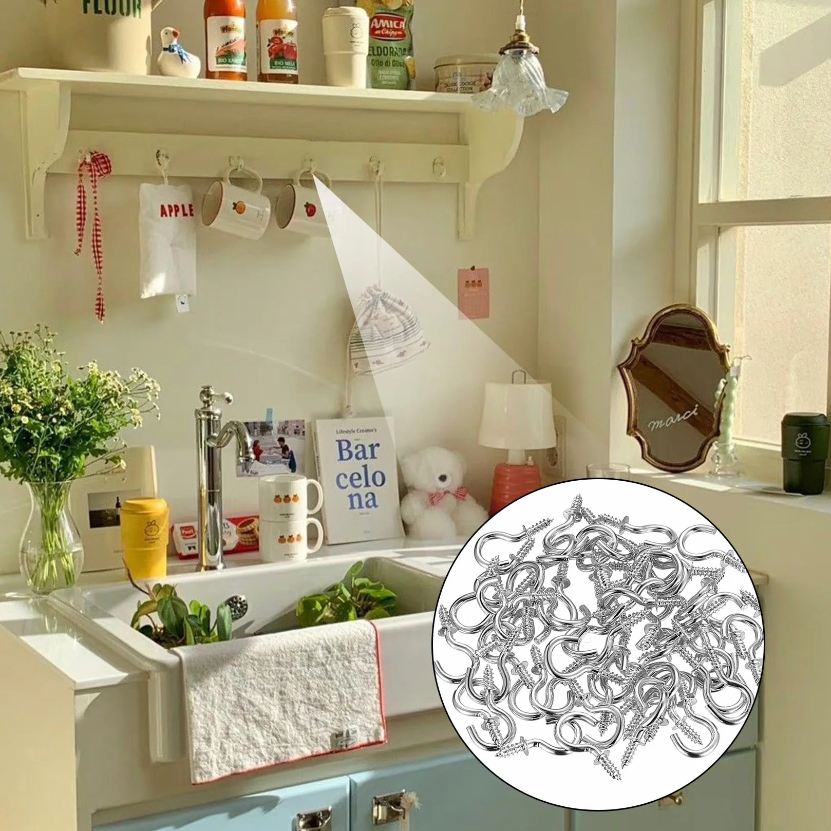 200 Pz Ganci a Vite, Ganci Avvitabili Viti per Legno, Piccole Gancio a Vite per Legno, Ganci a Soffitto in Metallo, Viti a Gancio, Vite a Tazza per Appendere Piante Decorazioni Casa Ufficio(Oro)