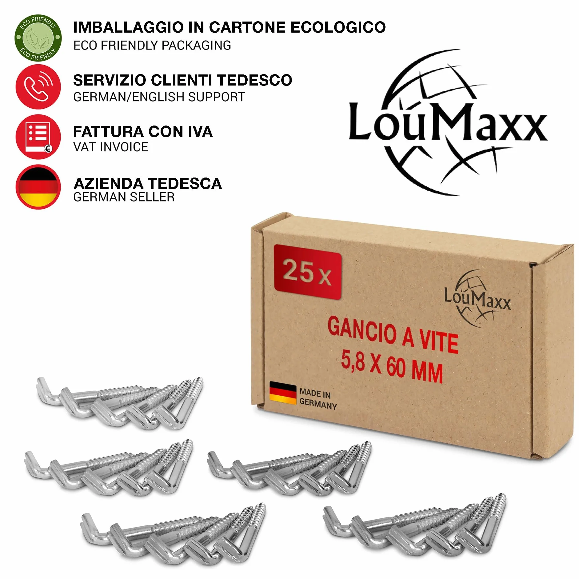 LouMaxx Gancio a vite dritto con fessura 5,8 x 60 mm – 25 pezzi viti a gancio, gancio a vite in acciaio zincato, portata 50 kg, antiruggine per esterni, montaggio affidabile in legno, cemento