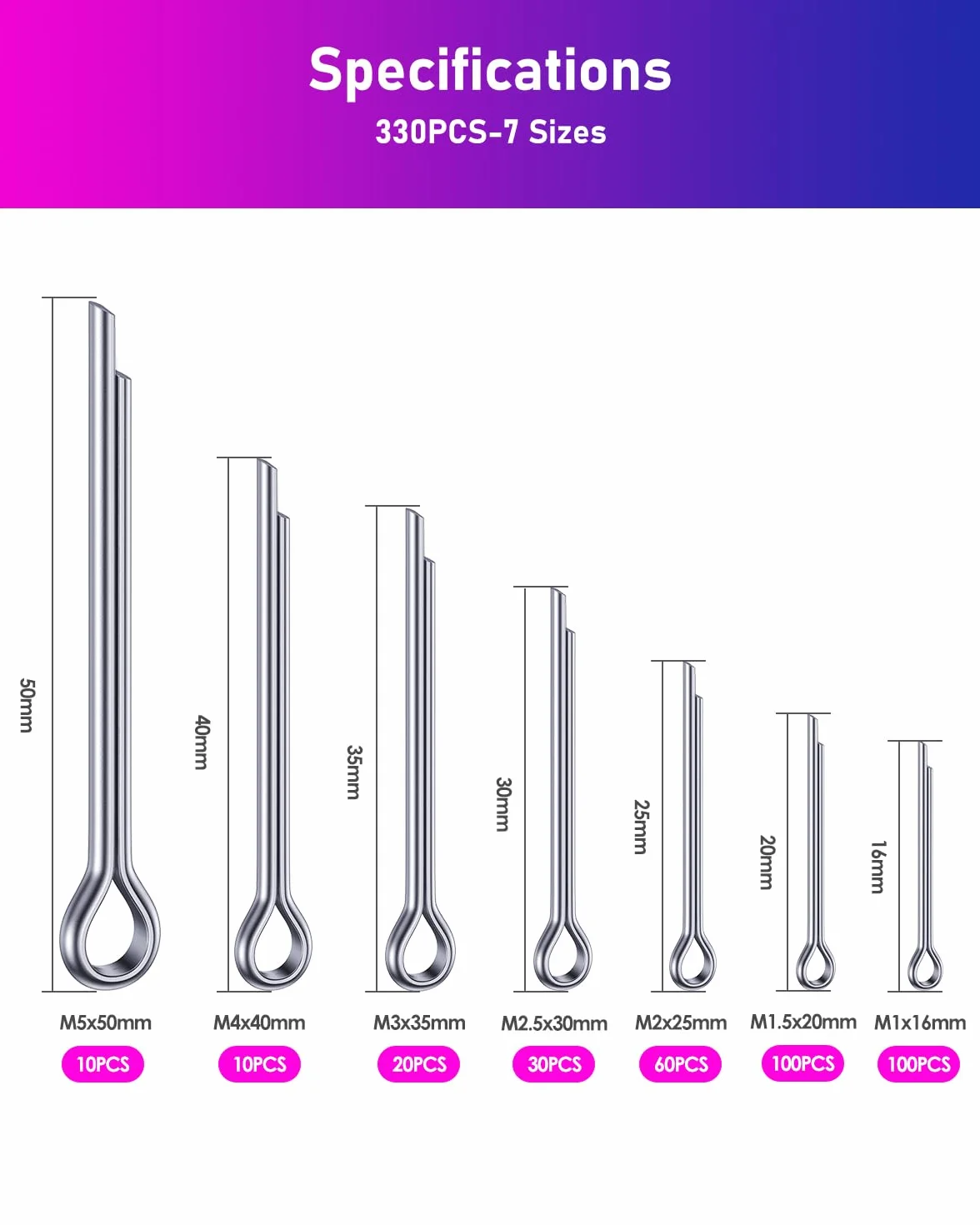 Set di 330 splinte in acciaio inox, 7 misure, M1/M1.5/M2/M2.5/M3/M4/M5, 304 in acciaio inox per auto, meccanica, riparazione navale