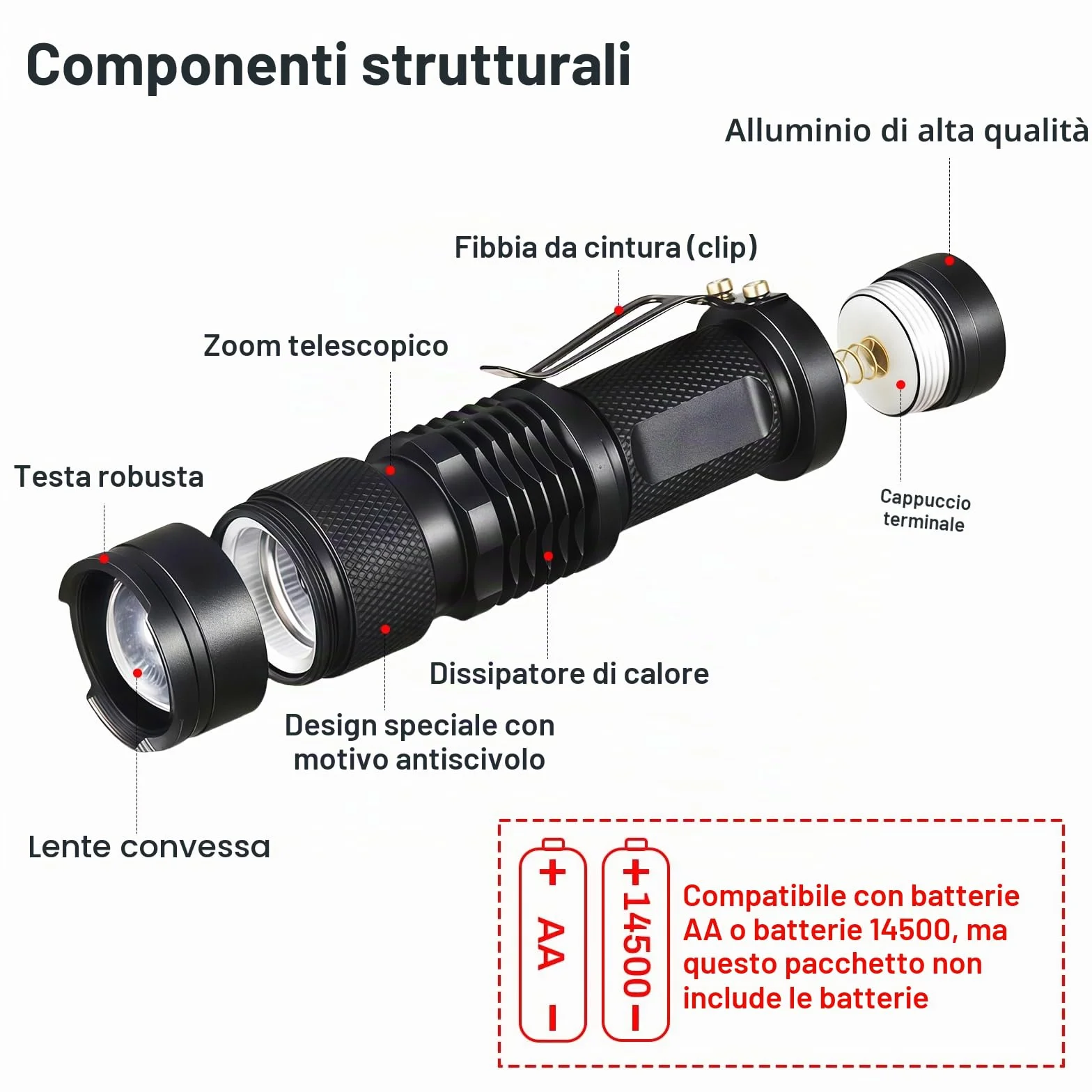 Torcia a LED Rossa Impermeabile Zoomabile 3 Modalità per Caccia Notturna