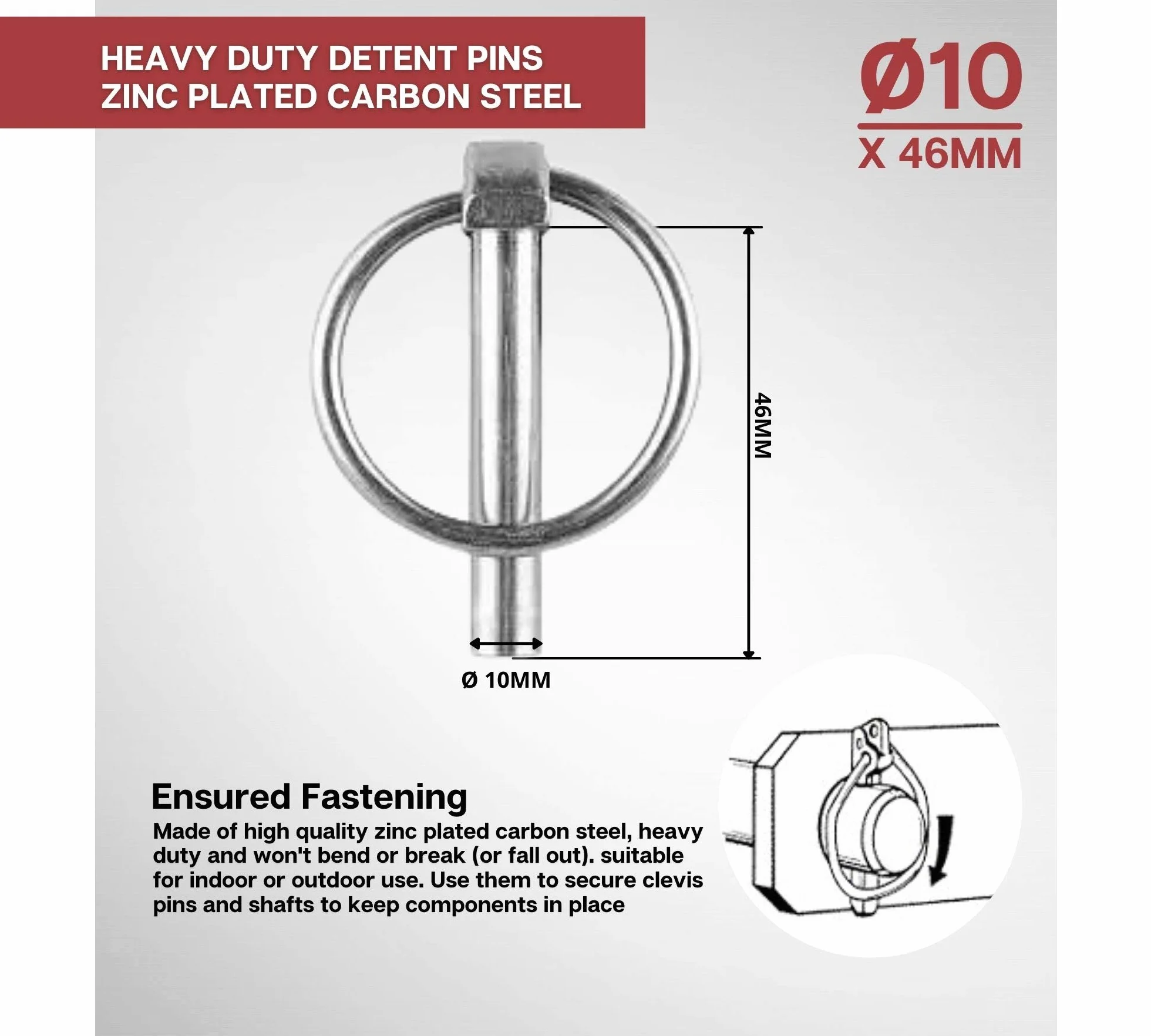 DOJA INDUSTRIAL | Coppiglie ad anello | Misure: 10 x 46 | 10 Pezzi | Copiglie clip agricoli | Acciaio Zincato | Perno a Scatto | Spine a scatto | Uso: Gancio Traino Barca, Trattore, Attrezzi Agricoli