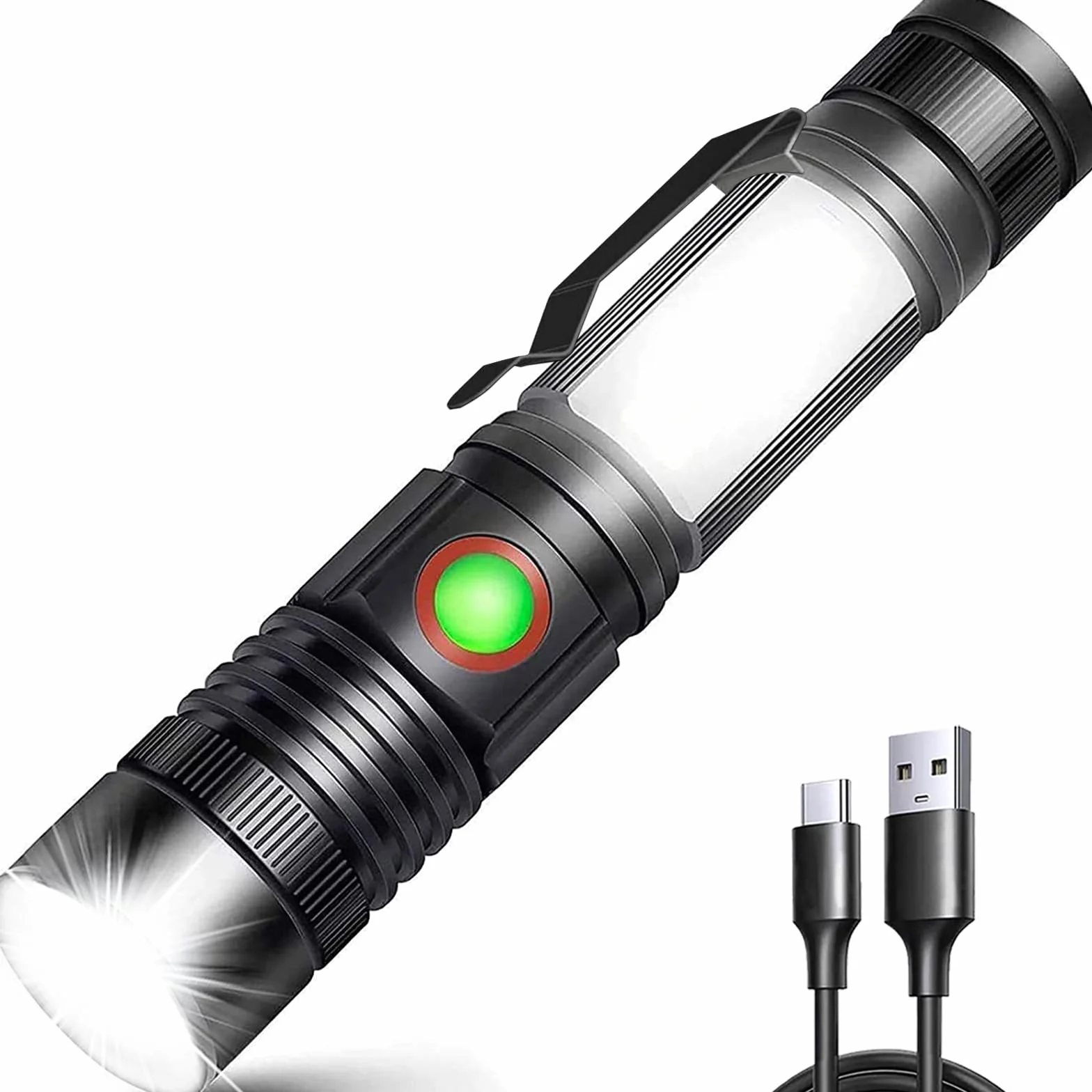 REHKITTZ Torcia LED 2000 Lumen Super Luminosa, 2500 mAh USB Ricaricabile ad Alta Capacità Portatile e Regolabile Torcia Potente, con Base Magnetica e Luce di Lavoro COB(Confezione da 1)