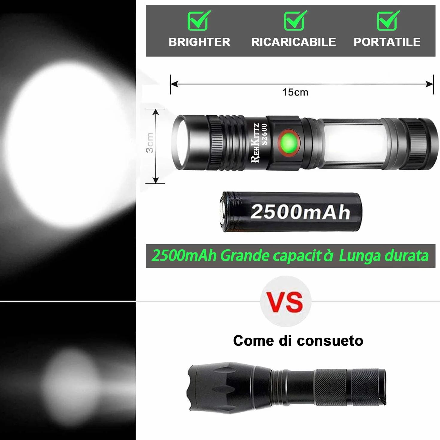 REHKITTZ Torcia LED 2000 Lumen Super Luminosa, 2500 mAh USB Ricaricabile ad Alta Capacità Portatile e Regolabile Torcia Potente, con Base Magnetica e Luce di Lavoro COB(Confezione da 1)