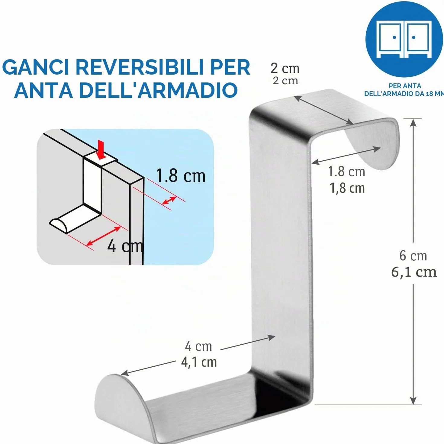 Tatkraft Seger - 6 Ganci per Porte in Acciaio Inossidabile - Reversibili per Ante Standard e Guardaroba e Armario - Fino a 5 kg