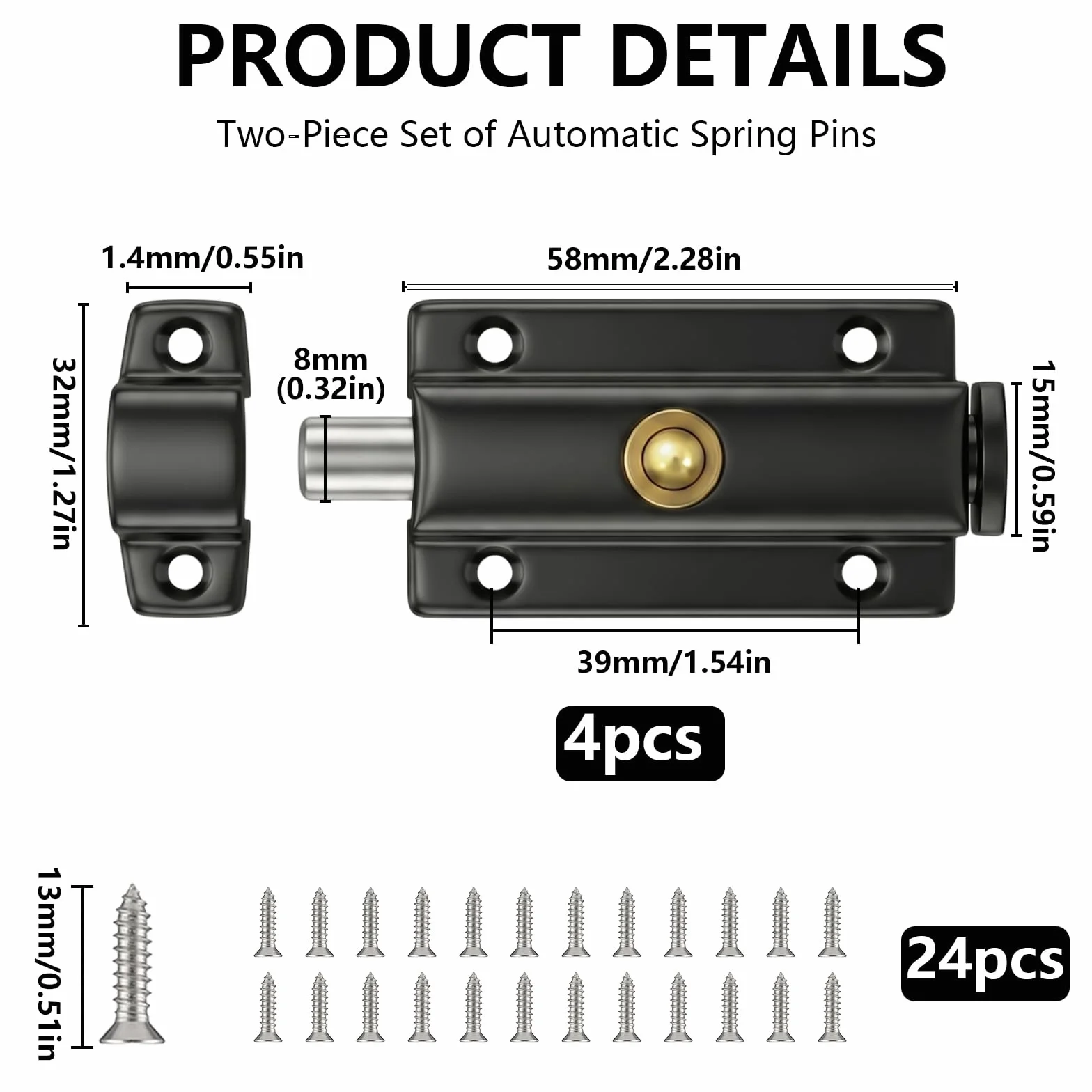 Chiavistello Porta 3 Pollici Acciaio Inox Serratura con Pulsante di Rame Chiusura Automatica a Molla Universale Sinistra Nero 4 Pezzi