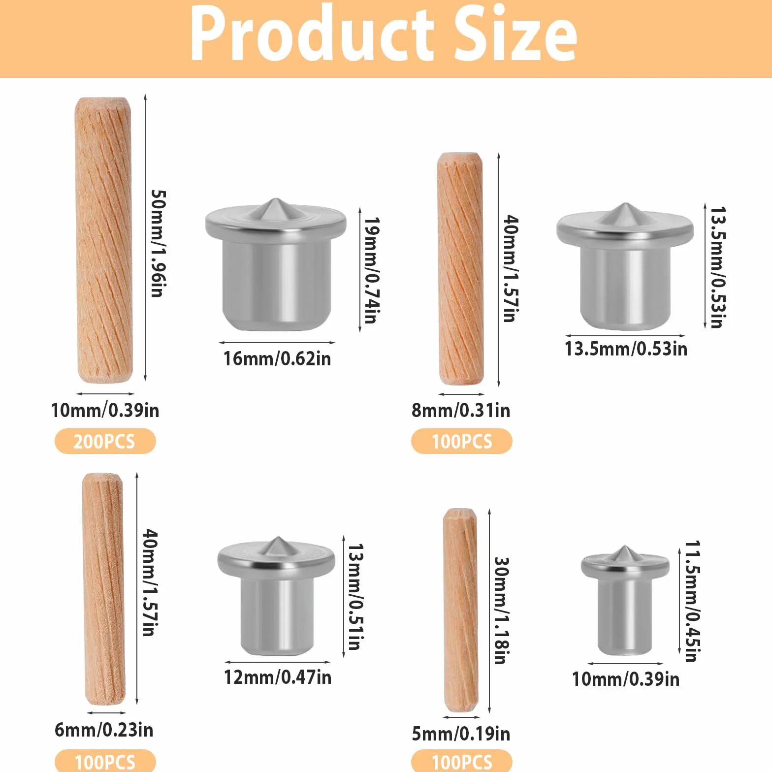 500 Pezzi Tasselli in Legno Scanalate Con 4 Pcs Perno di Centraggio, Spine per Mobili, Progetti di Artigianato, Fai da Te (30x5mm/40x6mm/40x8mm/50x10mm)