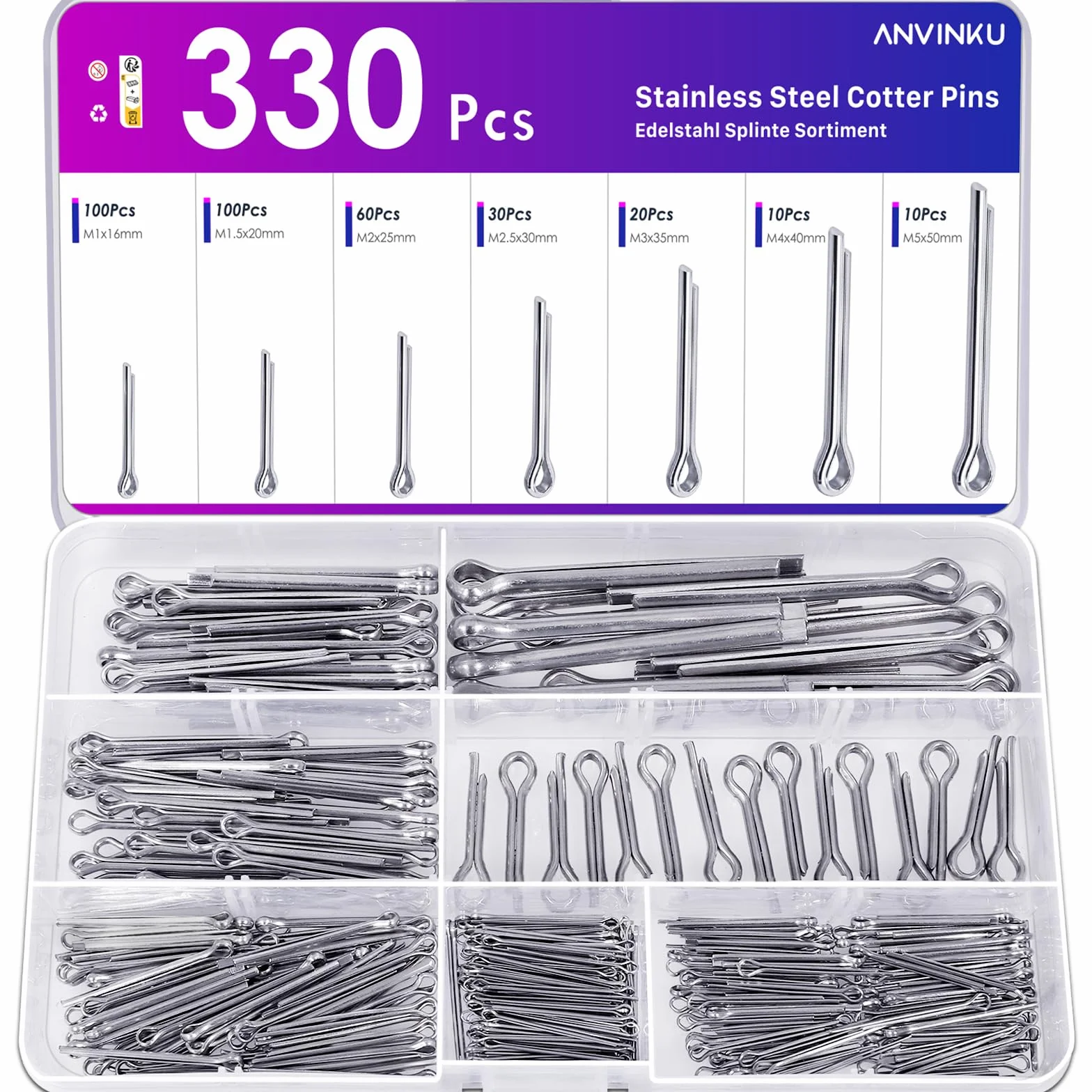 Set di 330 splinte in acciaio inox, 7 misure, M1/M1.5/M2/M2.5/M3/M4/M5, 304 in acciaio inox per auto, meccanica, riparazione navale