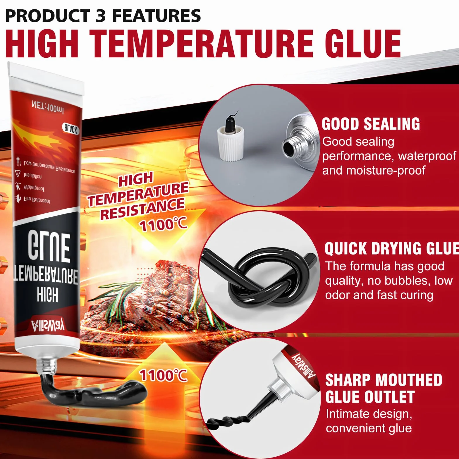 Silicone Alta Temperatura per Stufe, Silicone Nero Sigillante, Colla Alte Temperature per Forno a Microonde, Forno, Piano Cottura a Induzione Cappa Aspirante,100ML