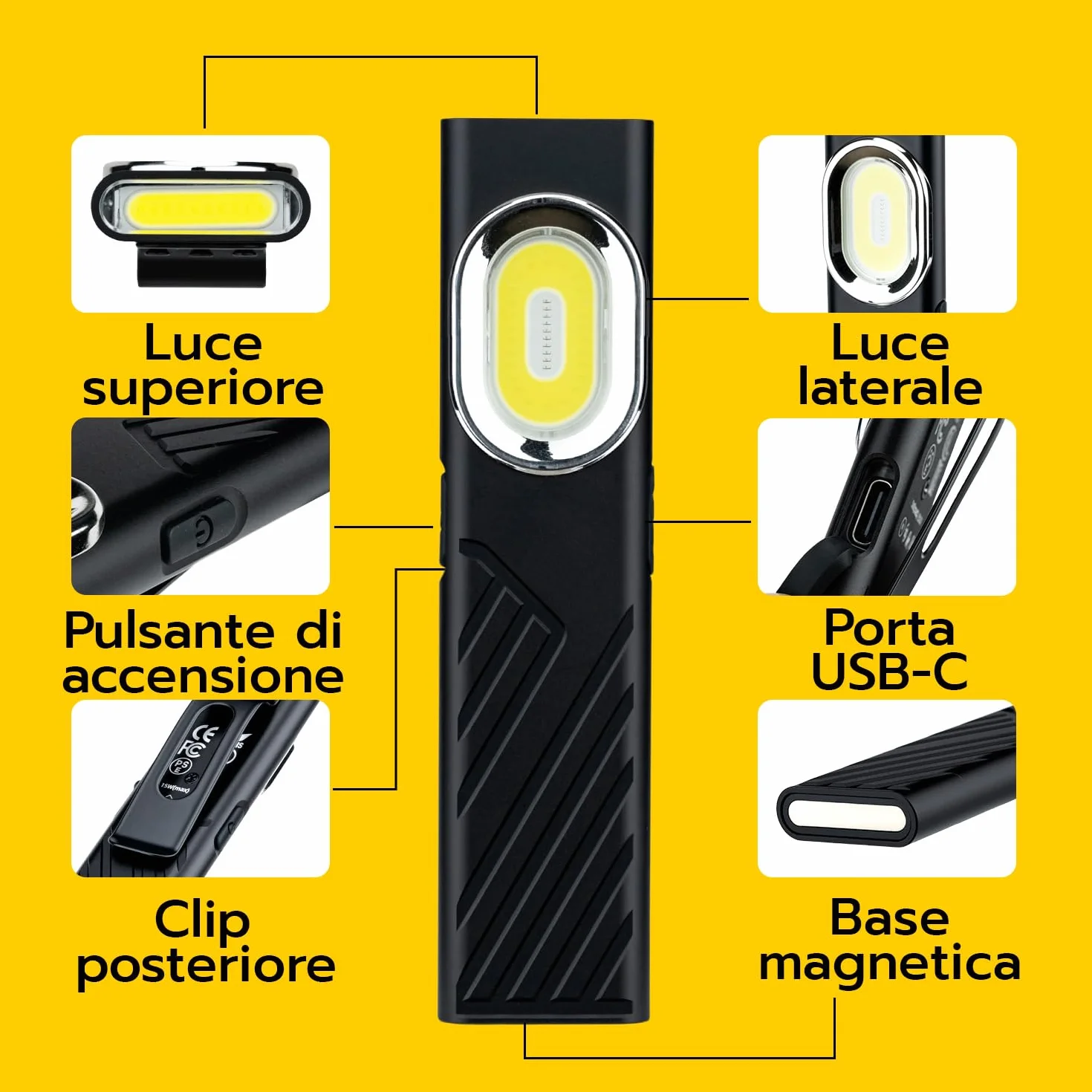 Wigearss Torcia Magnetica Ricaricabile USB Lampada da Lavoro Officina Luce LED COB Portatile con 8 Modalità