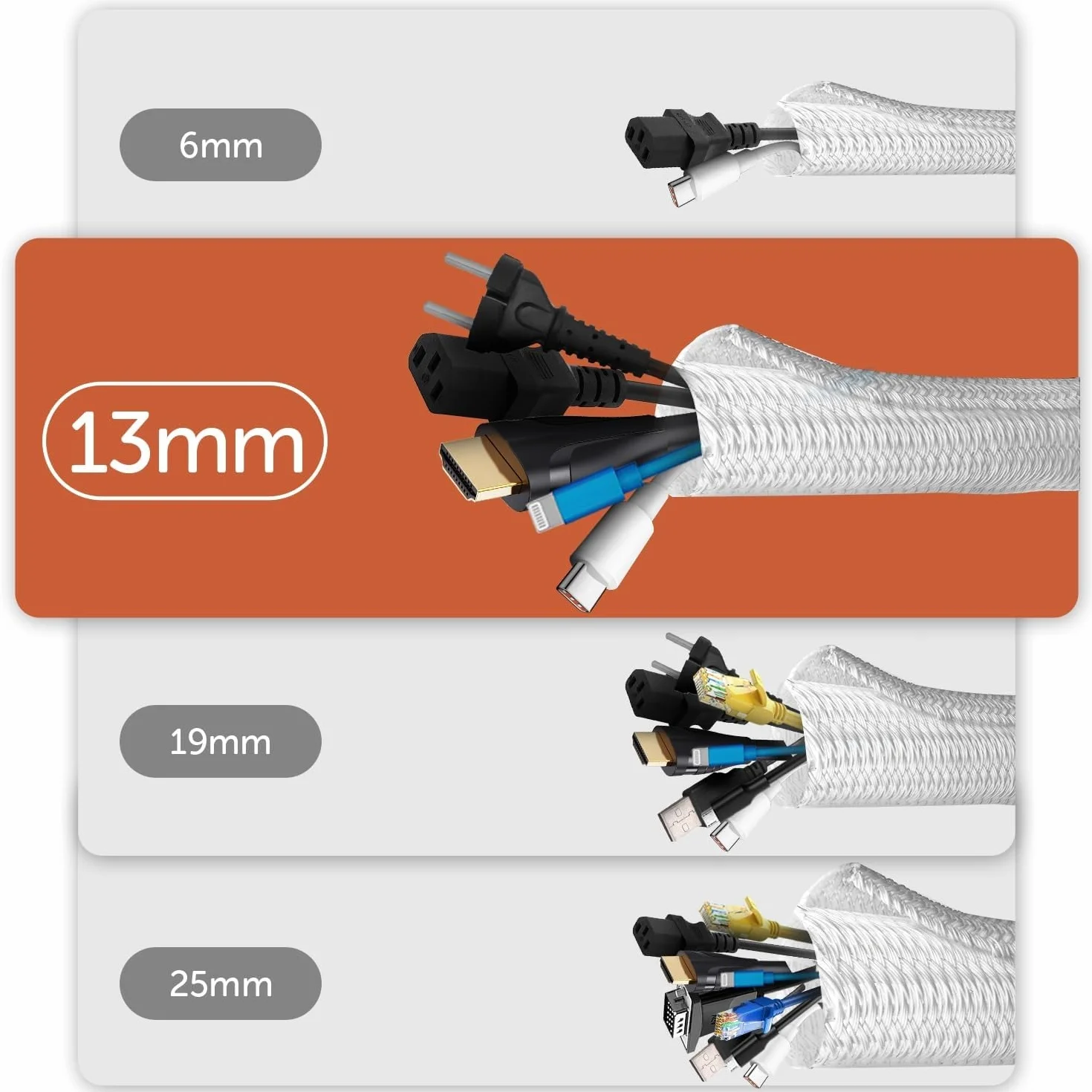 shinfly Guaina Nascondi Cavi 13mm-3m, Copricavo Elettrico Autoavvolgente Tagliabile ed Espandibile, Raccogli Cavi per Scrivania, TV, Computer, Ufficio, Casa, Auto - Bianco